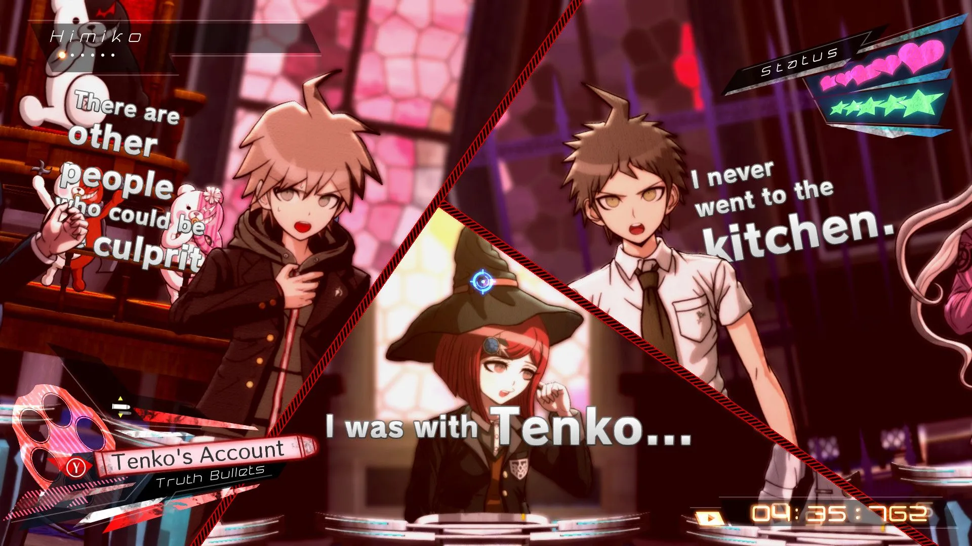 Hình ảnh gameplay từ bản demo của Danganronpa V3: Killing Harmony, thể hiện giao diện người dùng và phong cách đồ họa độc đáo của trò chơi.