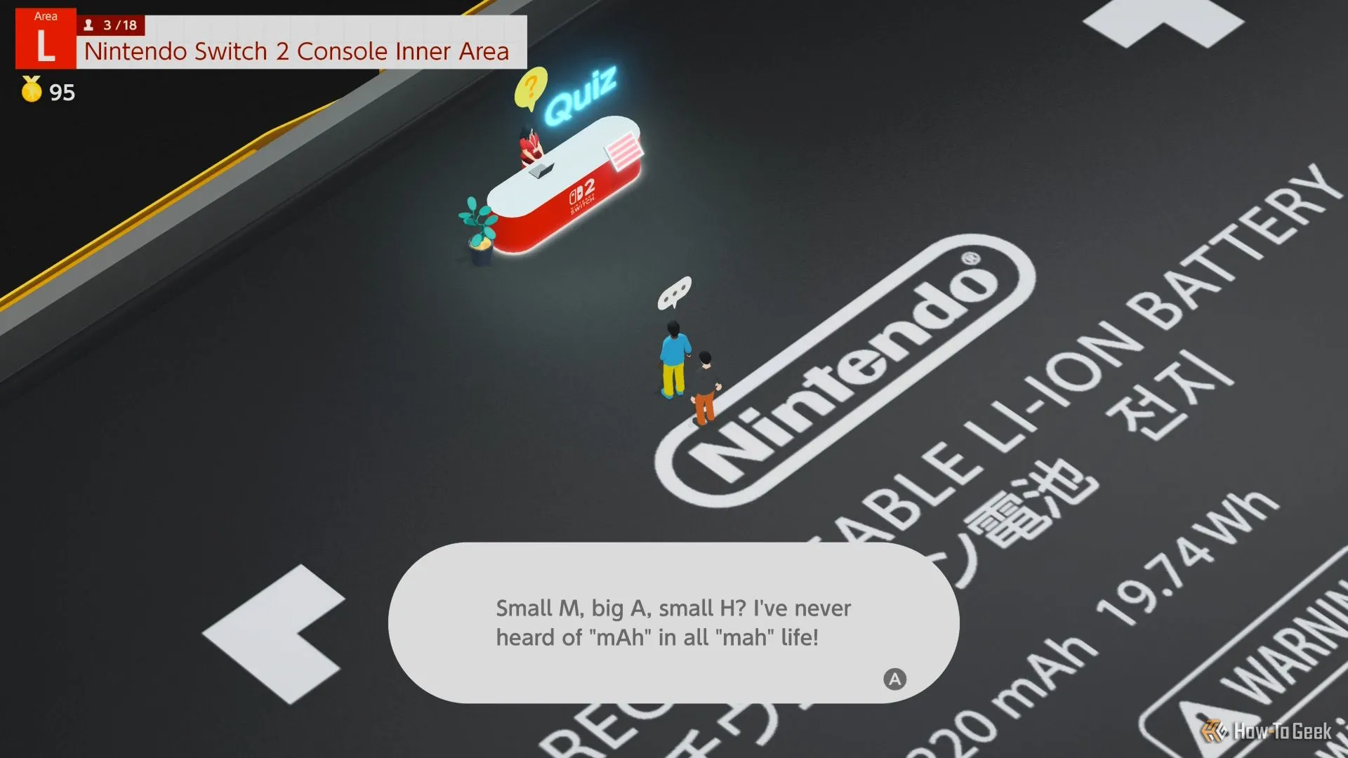 Hình ảnh hài hước về dung lượng pin mAh trong Welcome Tour của Nintendo Switch 2, thể hiện sự chuyên sâu kỹ thuật