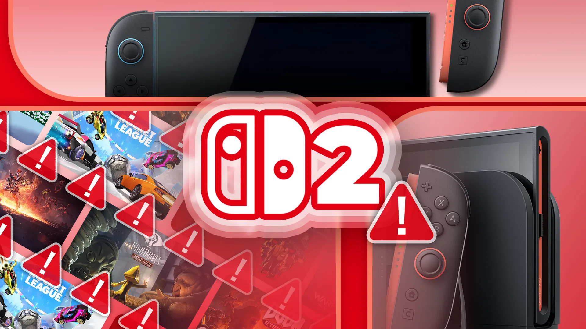 Hình ảnh minh họa Nintendo Switch 2 với biểu tượng và các trò chơi kèm cảnh báo tương thích, cho thấy cơ chế lai giữa giả lập và phần cứng.
