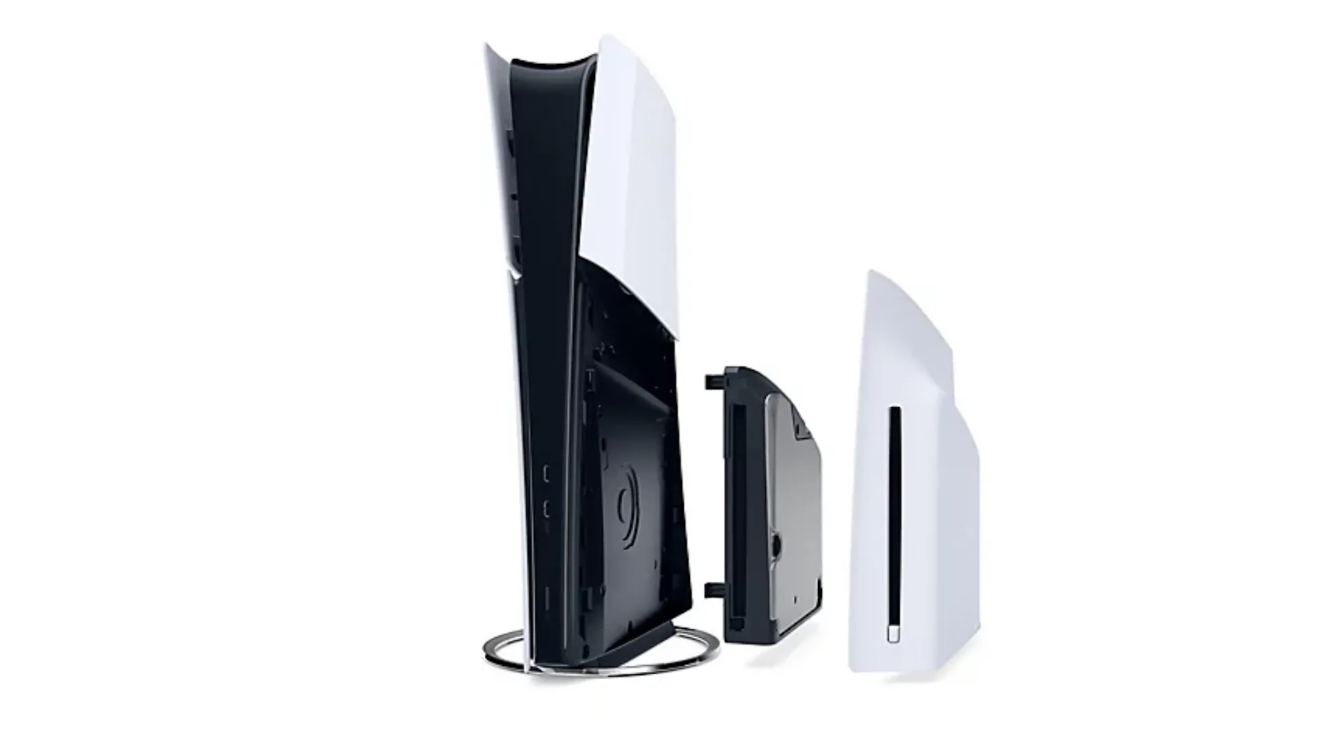 Hình ảnh PlayStation 5 Digital Edition với ổ đĩa gắn ngoài chưa lắp, hiển thị bên trong máy