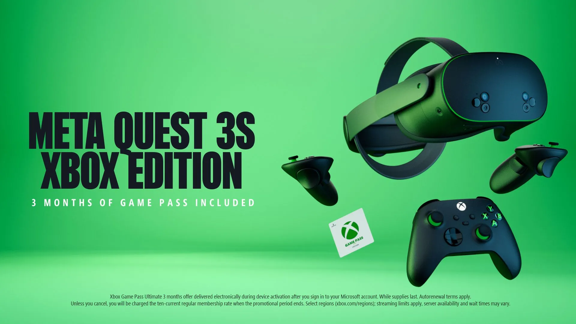 Hình ảnh quảng bá Meta Quest 3S Xbox Edition với thiết kế đặc trưng của thương hiệu.