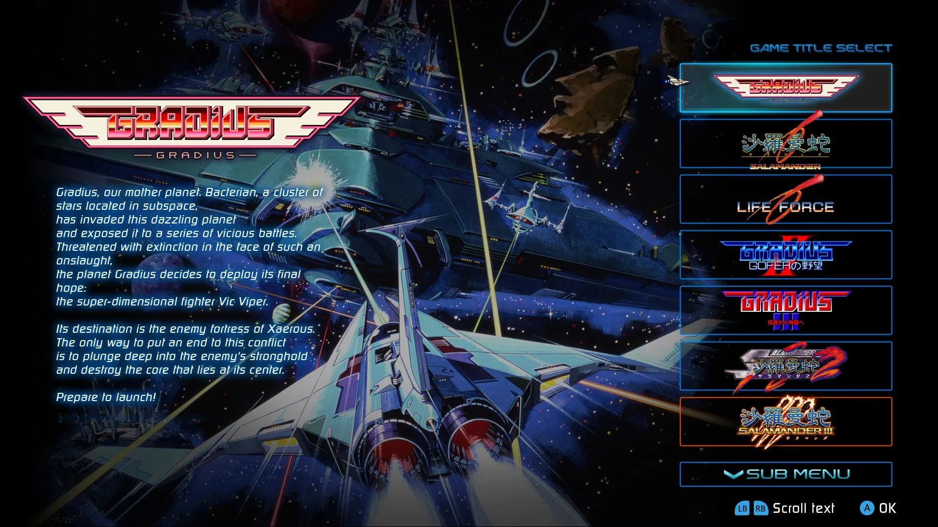 Hình ảnh trong game Gradius Origins, hiển thị cảnh bắn máy bay trong không gian.