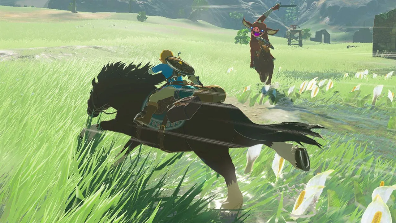 Hoàng hôn trên vùng đất Hyrule trong tựa game The Legend of Zelda: Breath of the Wild trên Nintendo Switch, minh chứng cho trải nghiệm khám phá thuần túy không cần thành tích.