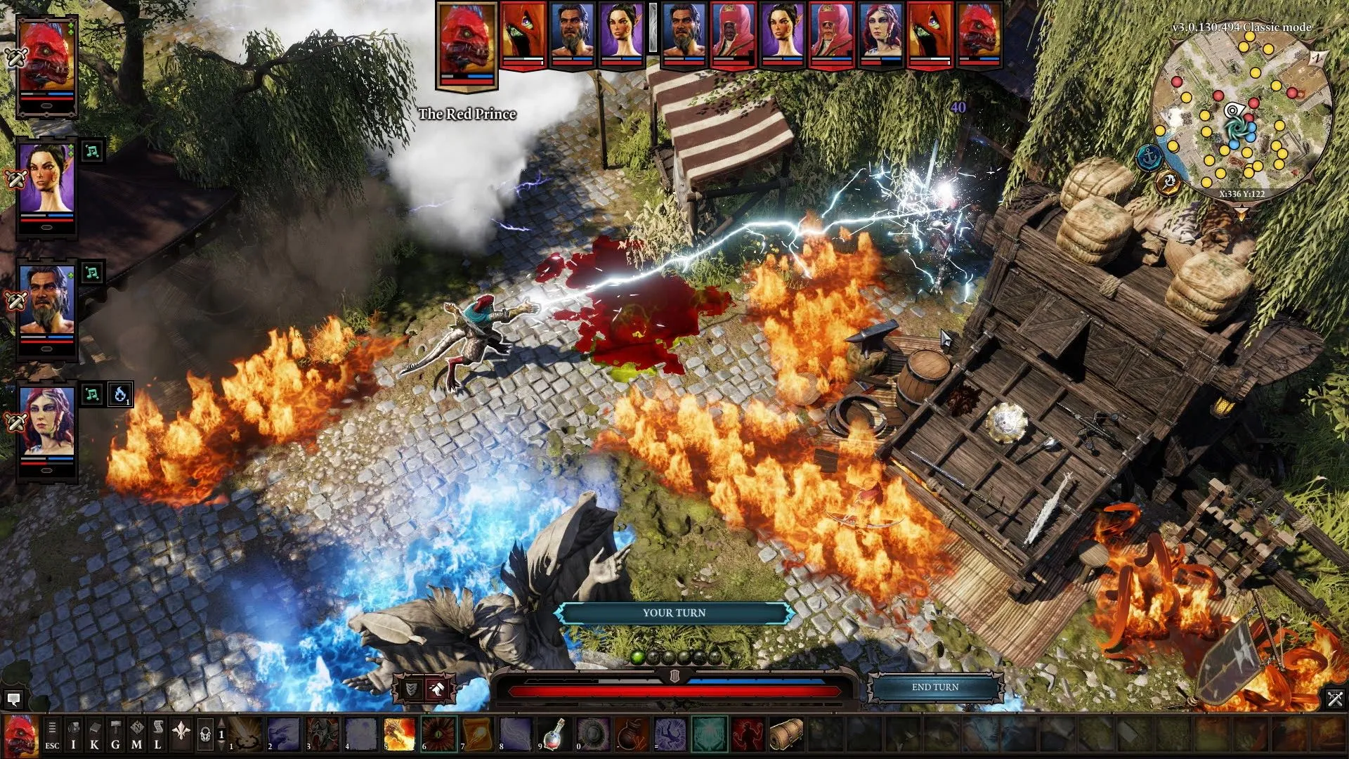 Hoàng tử Đỏ sử dụng phép thuật sấm sét mạnh mẽ trong Divinity: Original Sin 2, một khoảnh khắc chiến đấu đầy kịch tính trong game nhập vai.