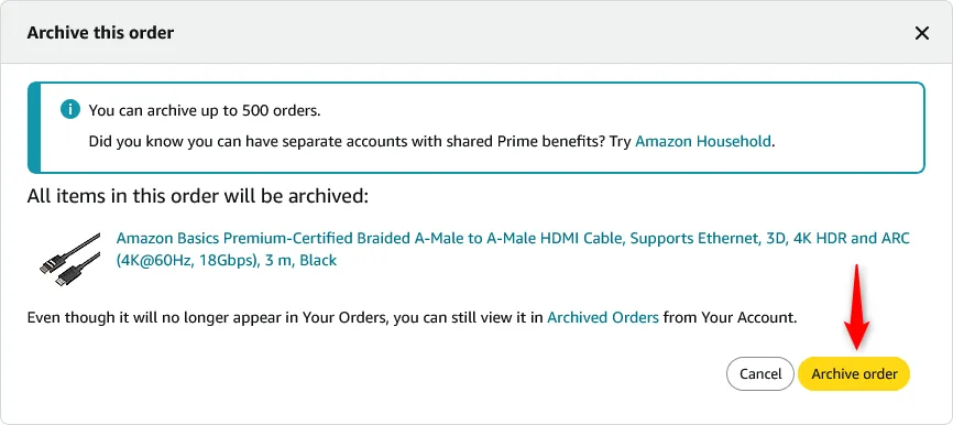 Hộp thoại xác nhận &quot;Archive Order&quot; trên Amazon, giúp người dùng giấu đơn hàng.