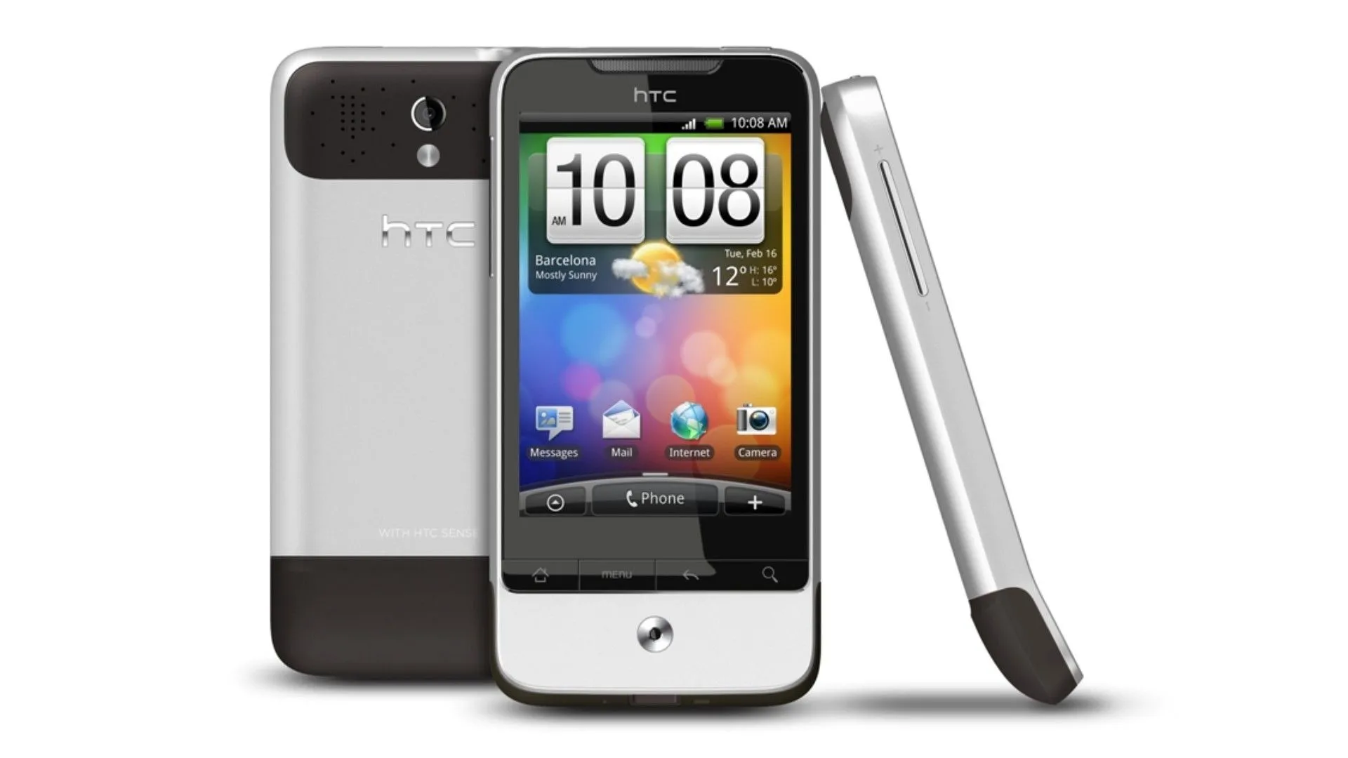 HTC Legend, một biểu tượng từ những ngày đầu của Android với thân kim loại nguyên khối, &quot;cằm&quot; cong nhẹ và bi lăn quang học.