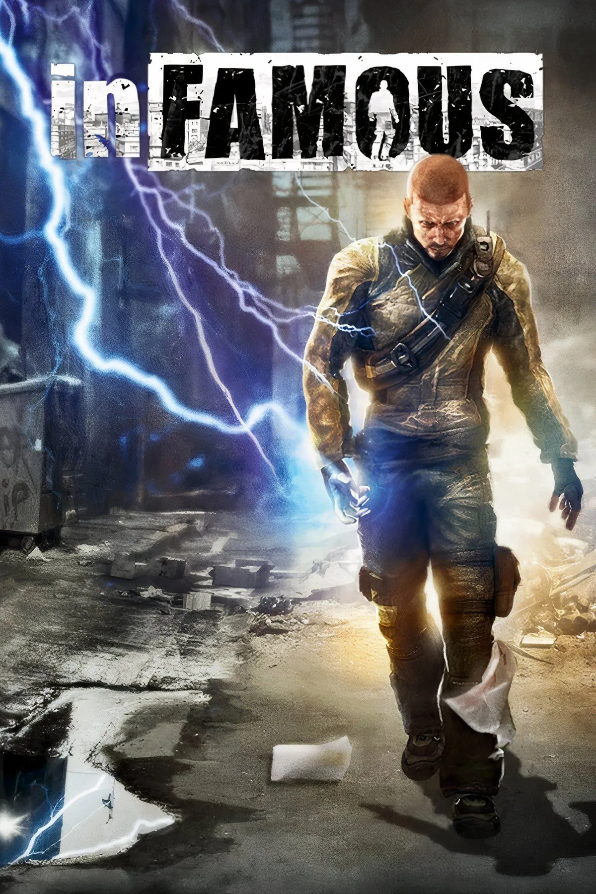 InFAMOUS - Bìa game với Cole MacGrath sử dụng năng lượng điện, đặc trưng của series game siêu anh hùng thế giới mở của Sucker Punch.