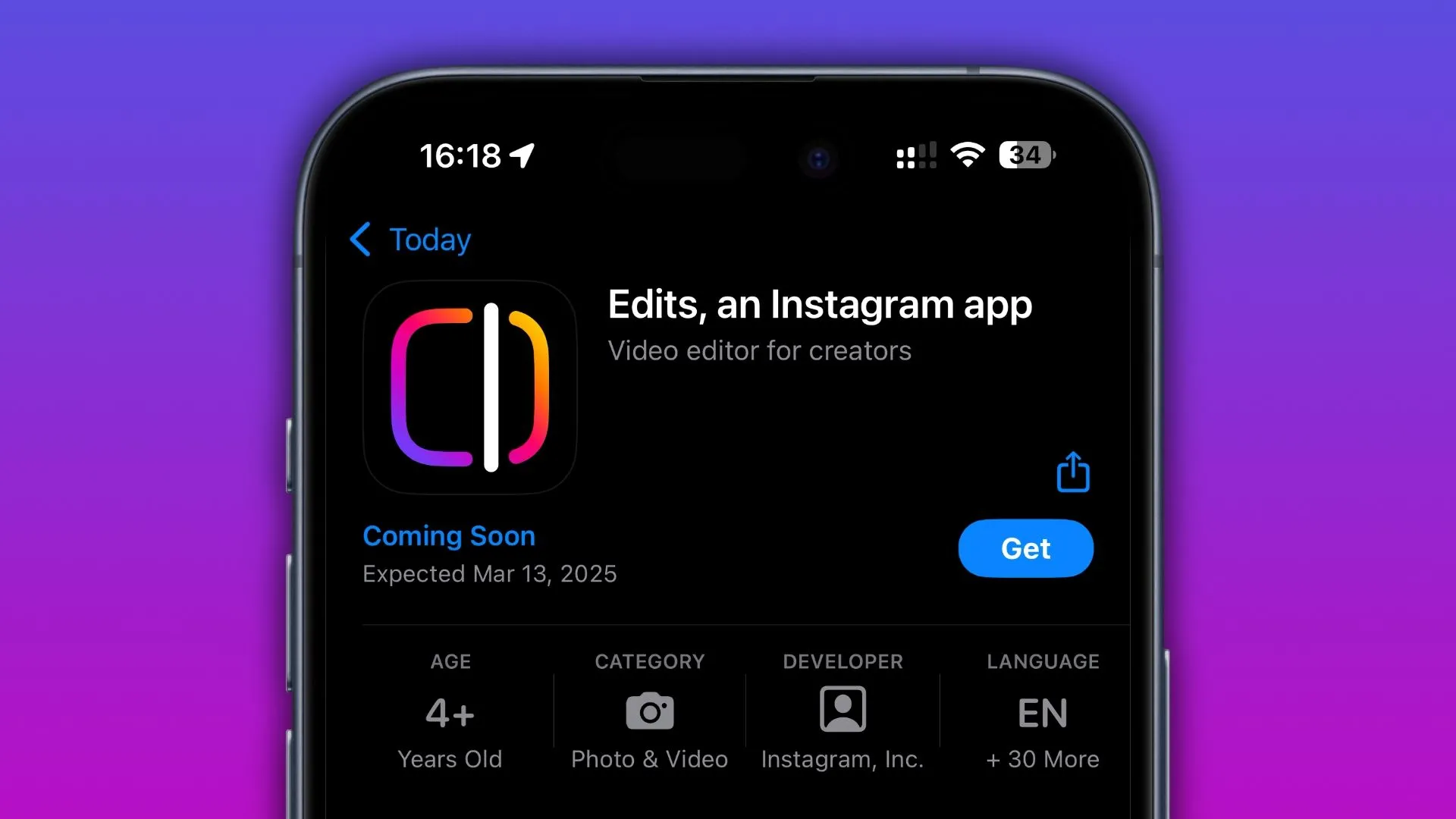 iPhone hiển thị ứng dụng Edits của Instagram trên App Store