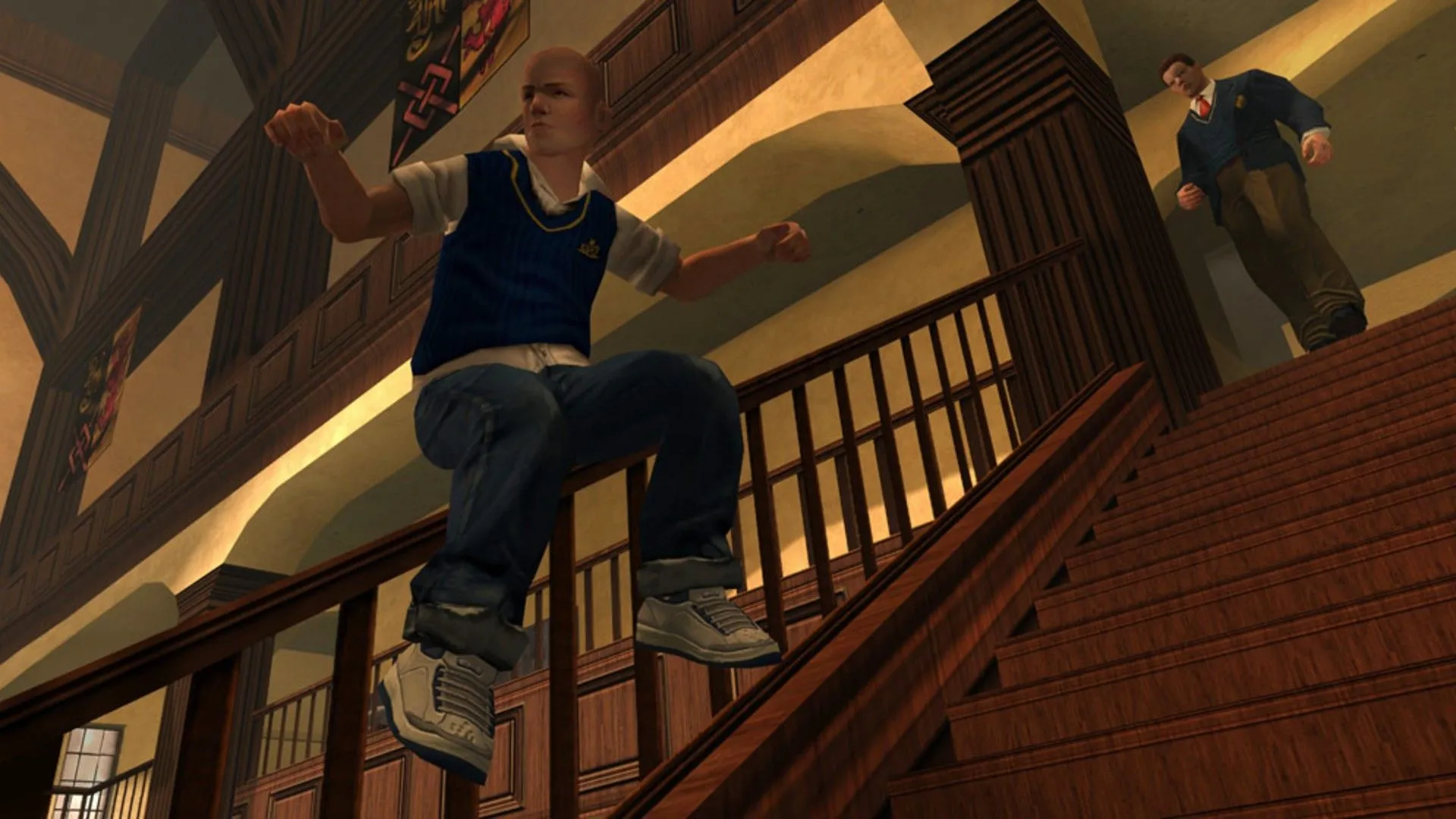 Jimmy Hopkins đang trượt tay vịn cầu thang trong game Bully, một tựa game được cộng đồng mong đợi phần 2.