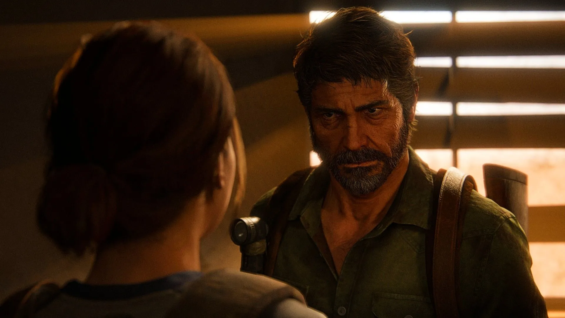 Joel và Ellie trò chuyện trong The Last of Us Part II, thể hiện tương tác nhân vật sâu sắc.