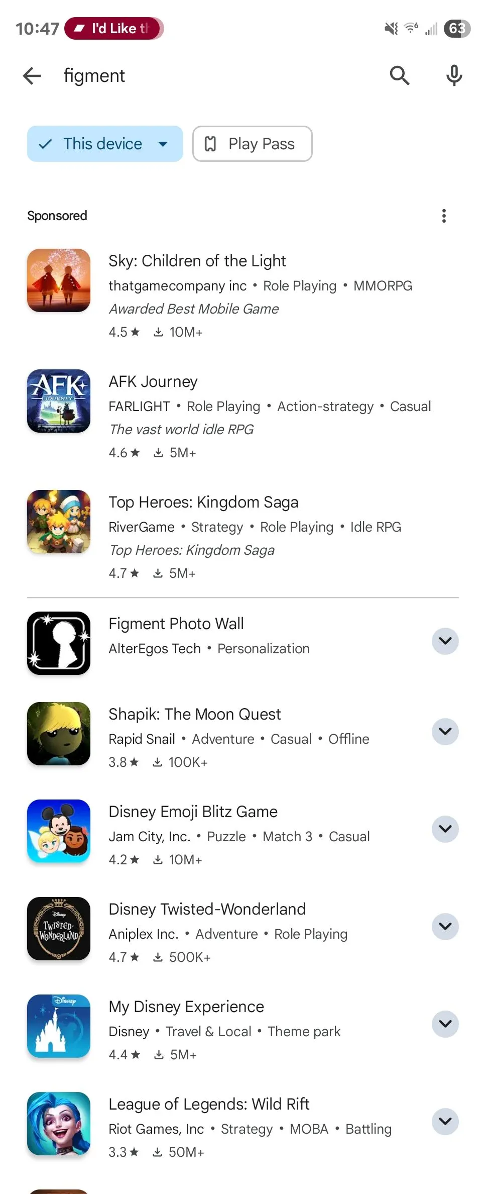 Kết quả tìm kiếm game Figment trên Google Play Store Android không hiển thị tựa game này