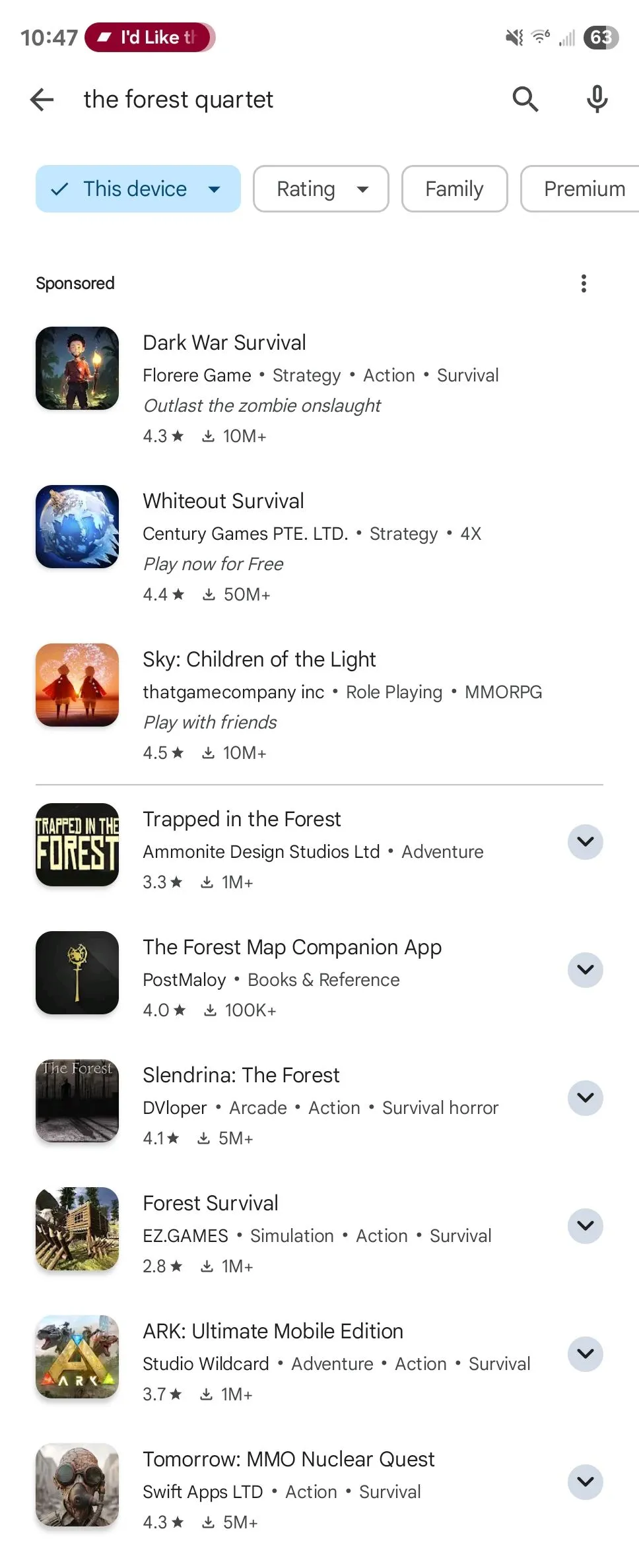 Kết quả tìm kiếm game The Forest Quartet trên Google Play Store Android cũng không tìm thấy tựa game này