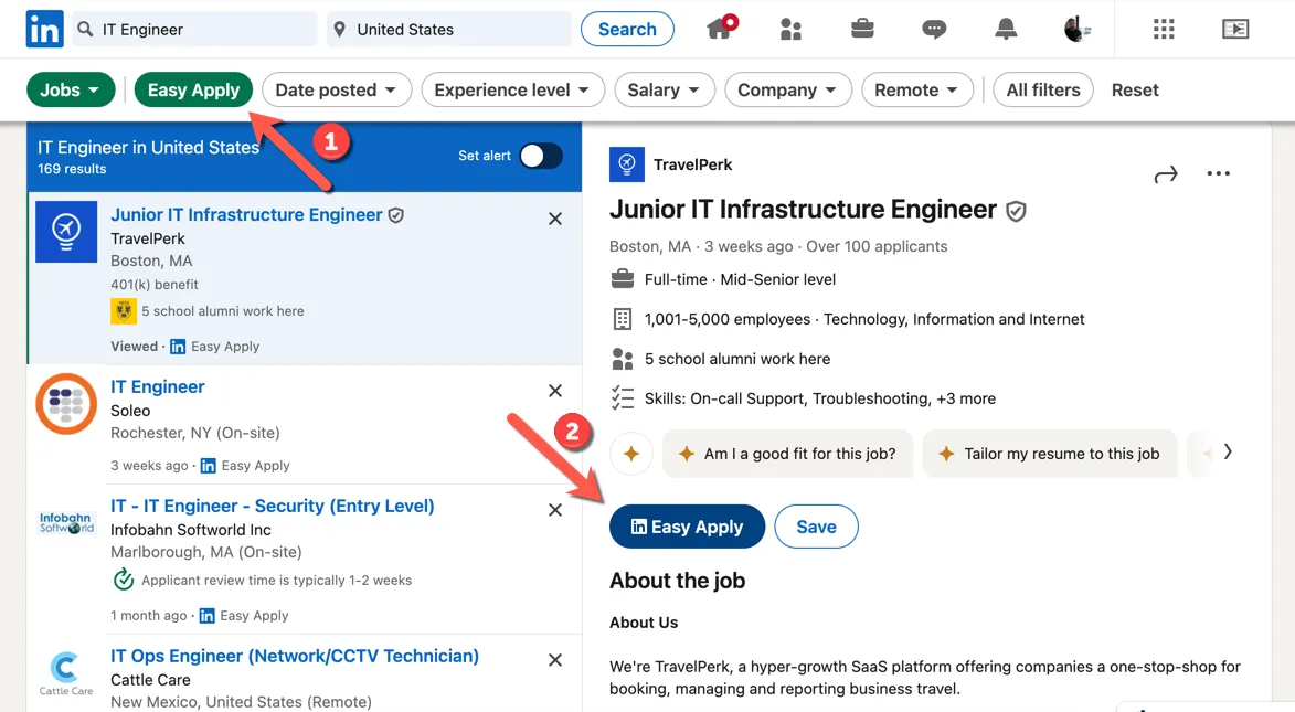 Kết quả tìm kiếm việc làm trên LinkedIn được lọc chỉ hiển thị các tin có &quot;Ứng tuyển nhanh&quot; (Easy Apply) giúp tiết kiệm thời gian nộp hồ sơ