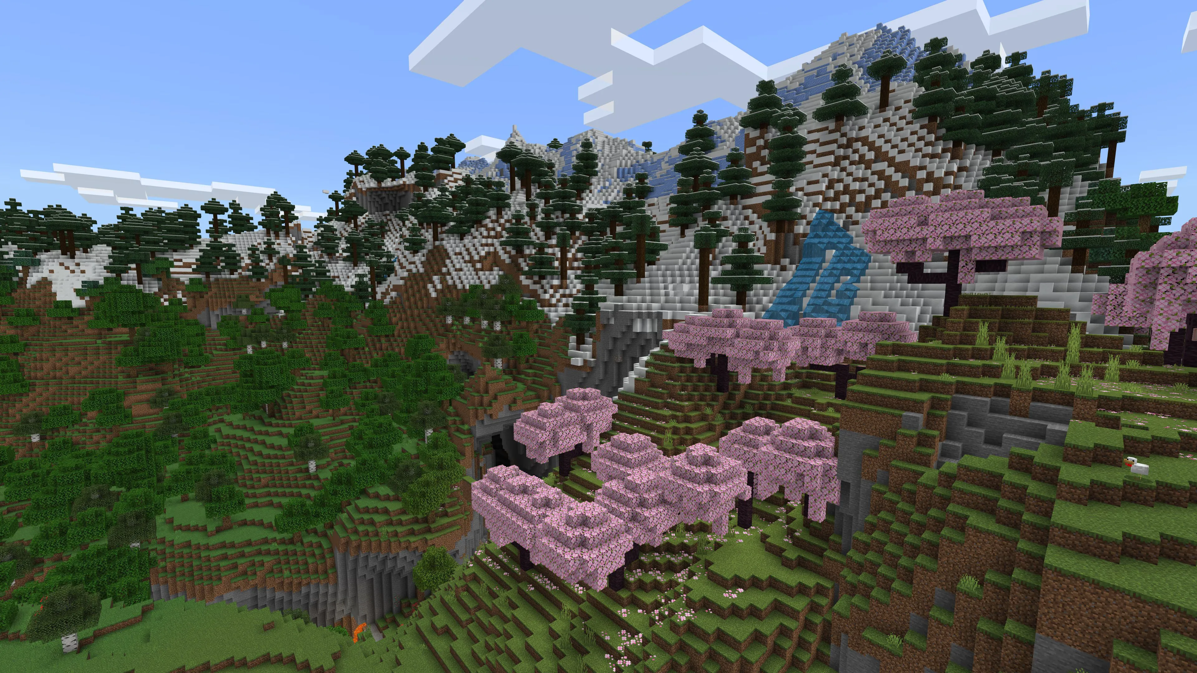 Khung cảnh nhiều quần xã sinh vật trong Minecraft, thể hiện sự đa dạng và khả năng sáng tạo trong thế giới khối.