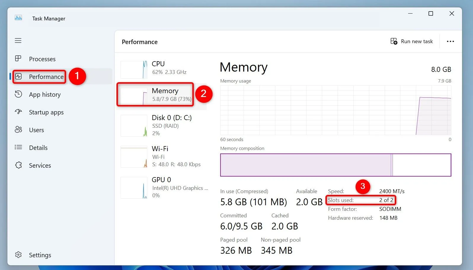 Kiểm tra số khe RAM đã sử dụng và còn trống trong Task Manager
