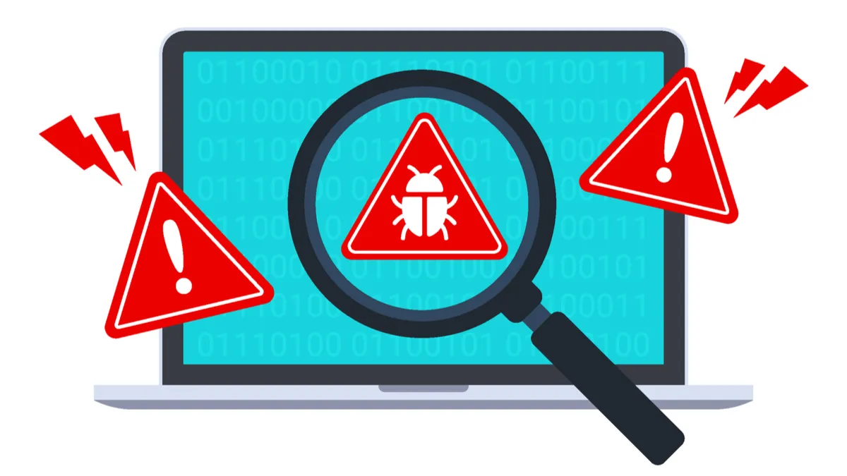 Laptop hiển thị cảnh báo phần mềm độc hại malware và virus