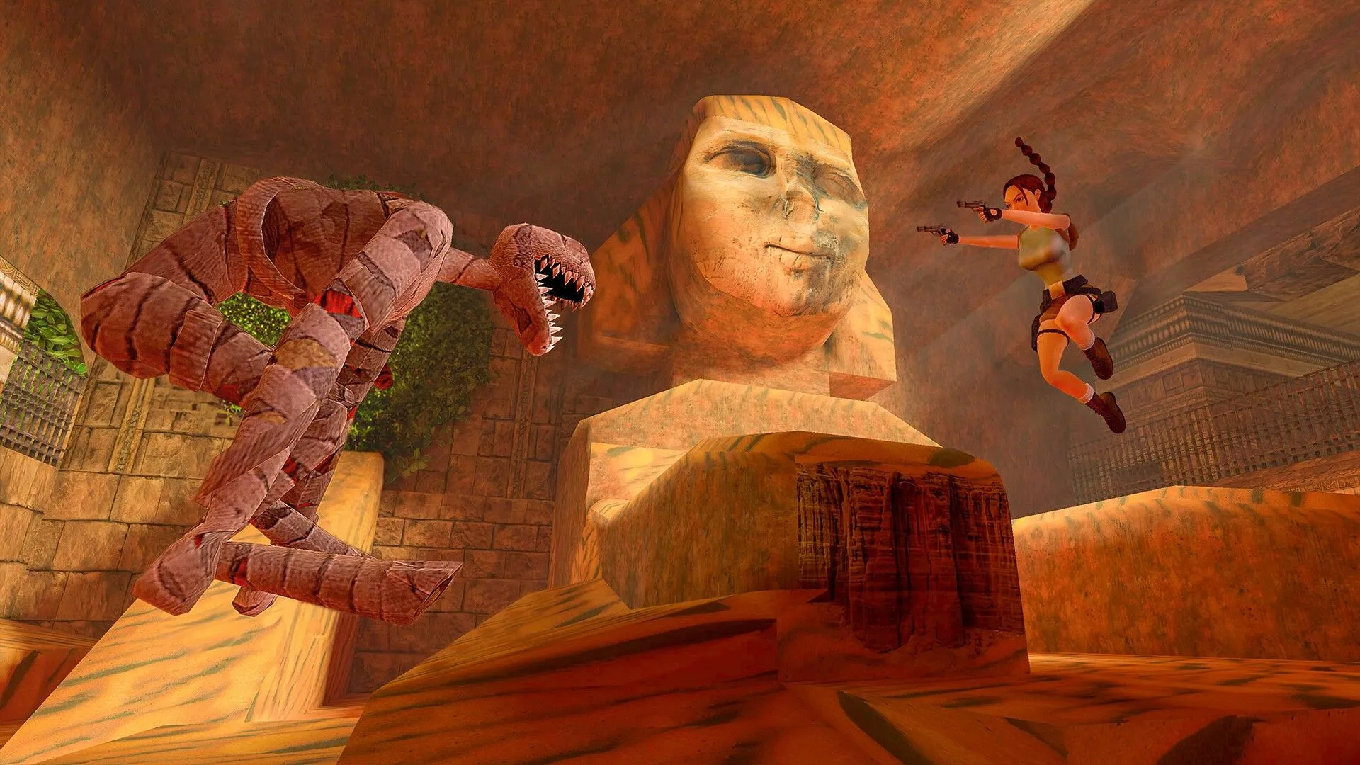 Lara Croft chĩa súng vào một xác ướp trong Tomb Raider I-III Remastered.