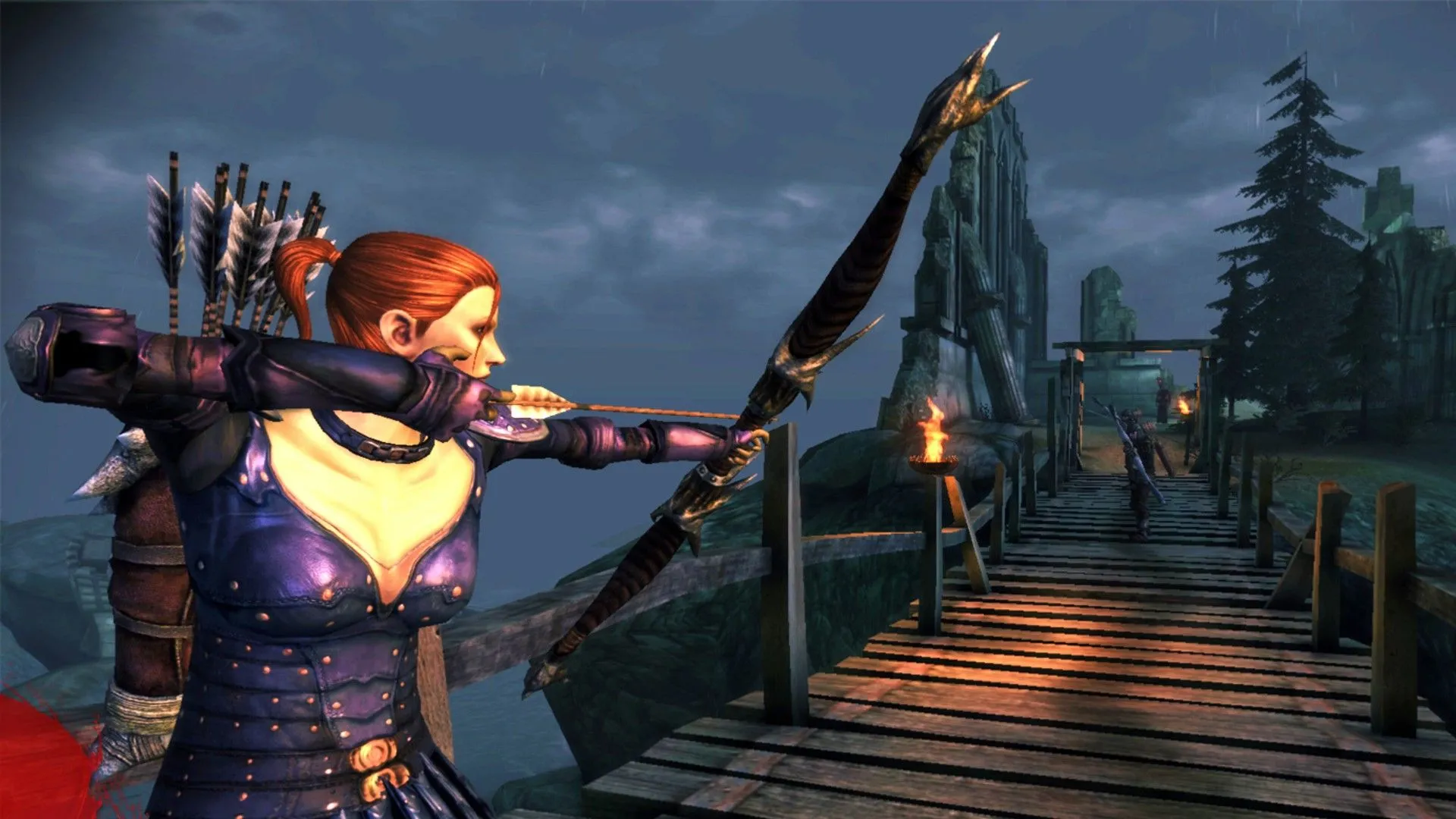 Leliana chuẩn bị bắn cung trong Dragon Age: Origins, một trong những người bạn đồng hành tiềm năng cho mối quan hệ lãng mạn trong game.