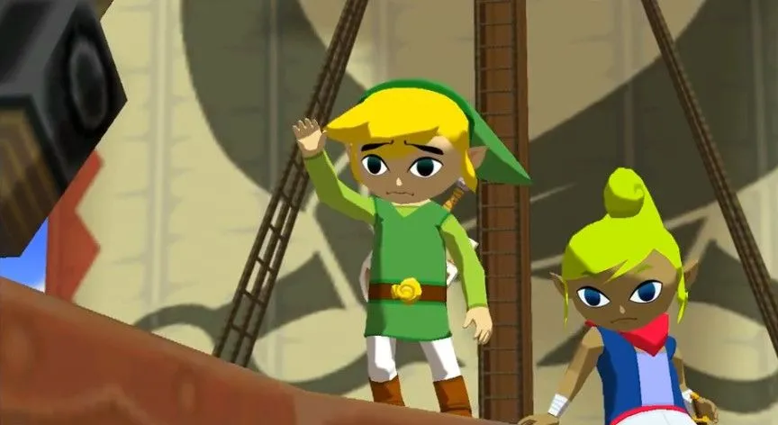 Link và Tetra trong The Legend of Zelda: The Wind Waker, một tựa game cel-shaded kinh điển với đồ họa hoạt hình mềm mại và bền bỉ.