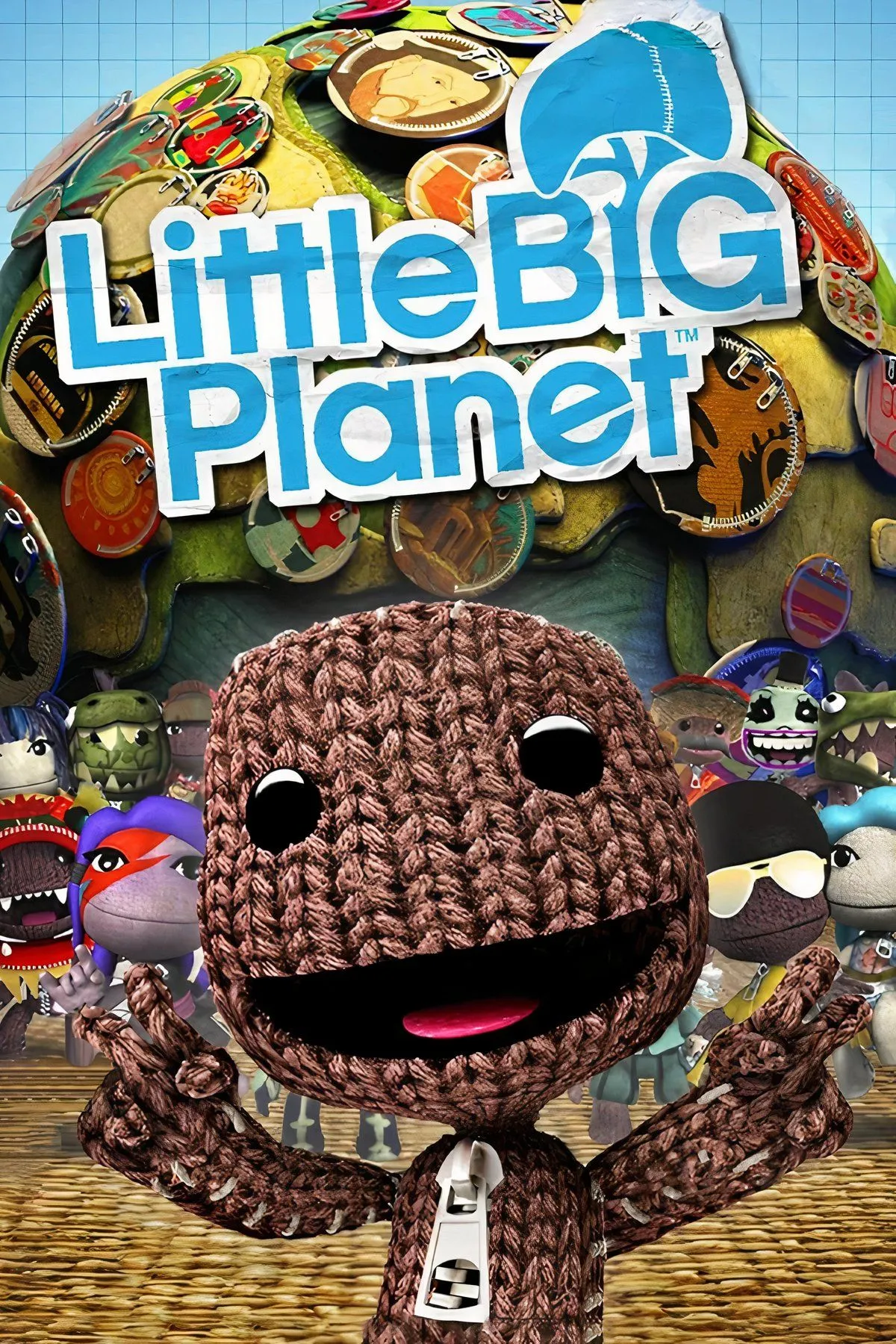 LittleBigPlanet - Hình ảnh chú người vải Sackboy dễ thương cùng các yếu tố sáng tạo, biểu tượng của tựa game UGC.
