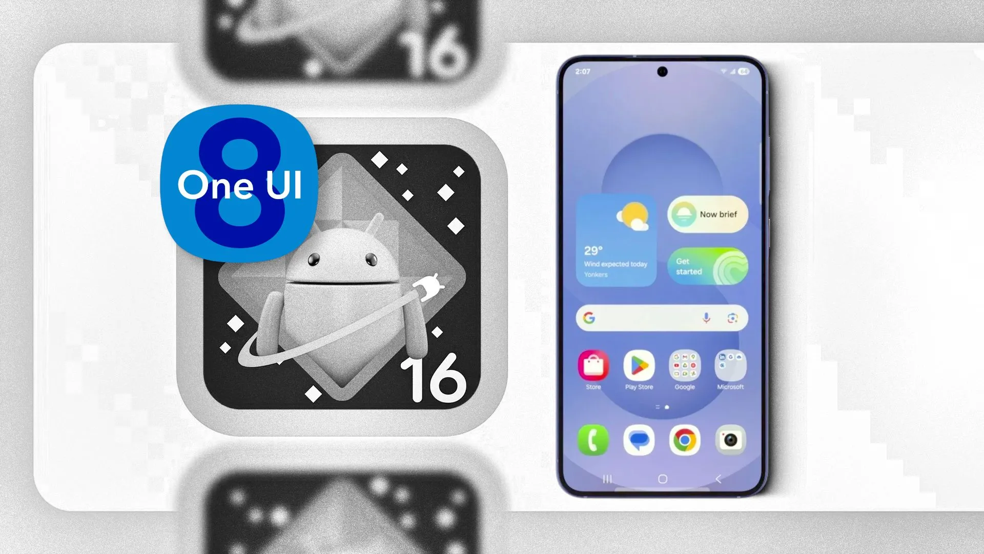 Logo One UI 8 nằm trên logo Android 16, cạnh bên là một chiếc điện thoại Samsung, thể hiện sự kết hợp và phát triển của giao diện One UI 8 so với Android gốc.