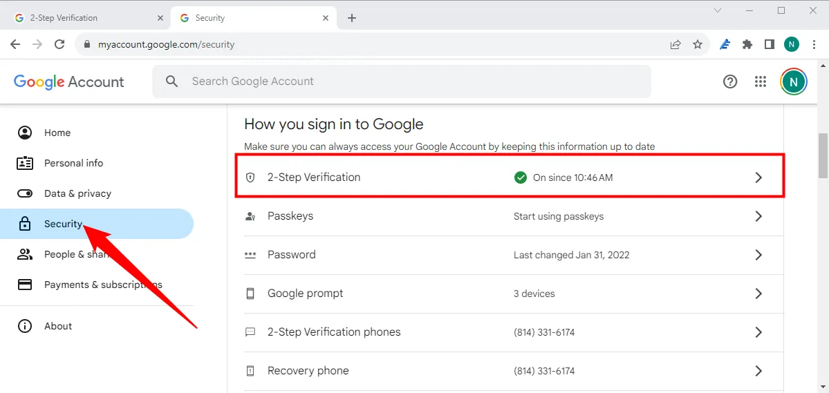 Lựa chọn truy cập cài đặt Xác minh 2 bước trong tài khoản Google