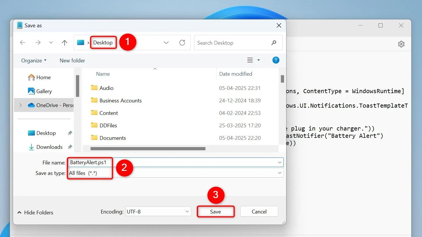 Lưu script PowerShell cảnh báo pin với định dạng .ps1 trong Notepad