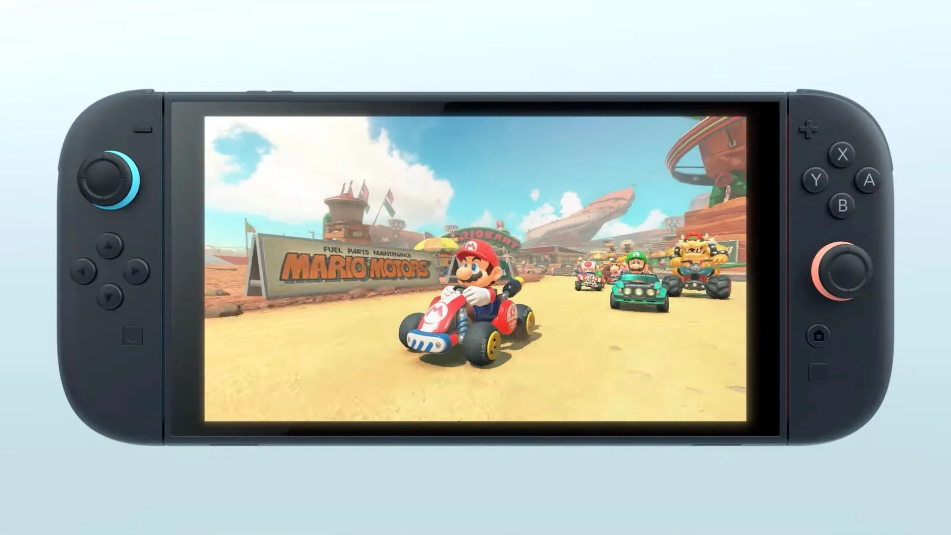 Màn hình 7.9 inch của Switch 2 hiển thị sắc nét game Mario Kart.