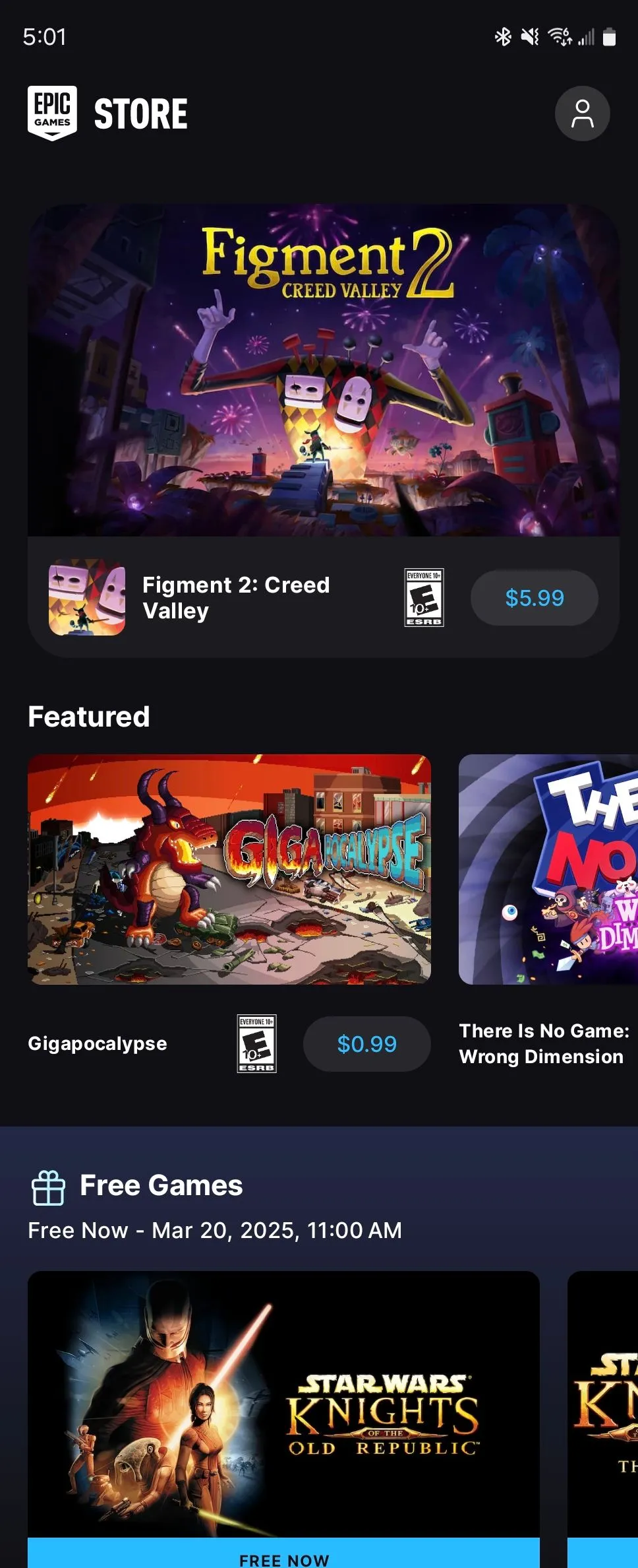 Màn hình chính của Epic Games Store trên Android với các tựa game được giới thiệu và đề xuất