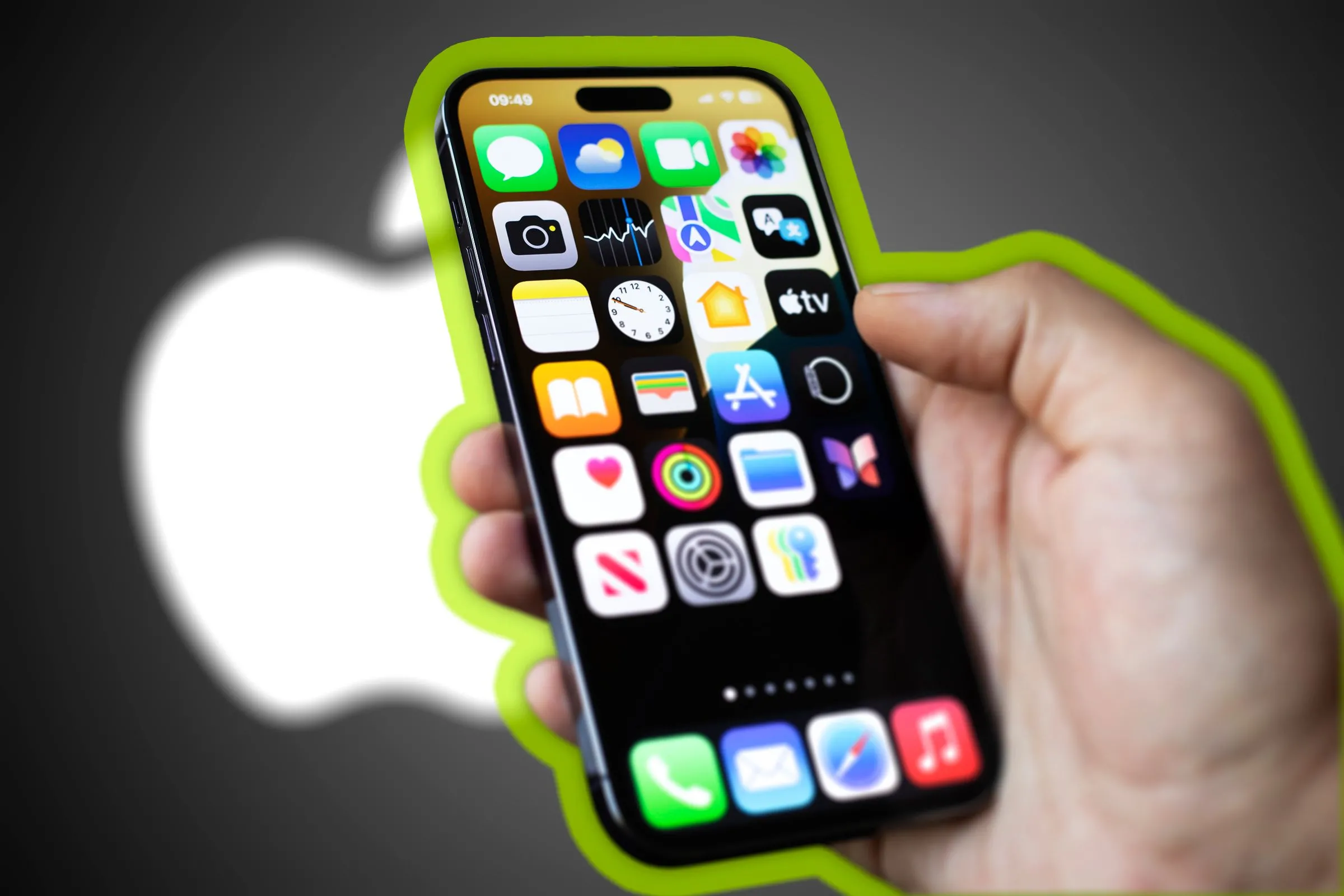 Màn hình chính iPhone hiển thị các biểu tượng ứng dụng đã ẩn tên, nền là logo Apple.