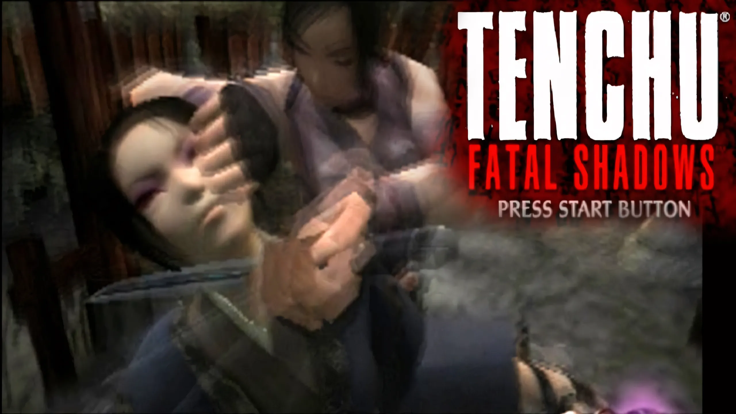Màn hình chơi Tenchu: Fatal Shadows, cảnh ninja đang thực hiện đòn kết liễu lén lút, nhấn mạnh yếu tố bạo lực và hành động.