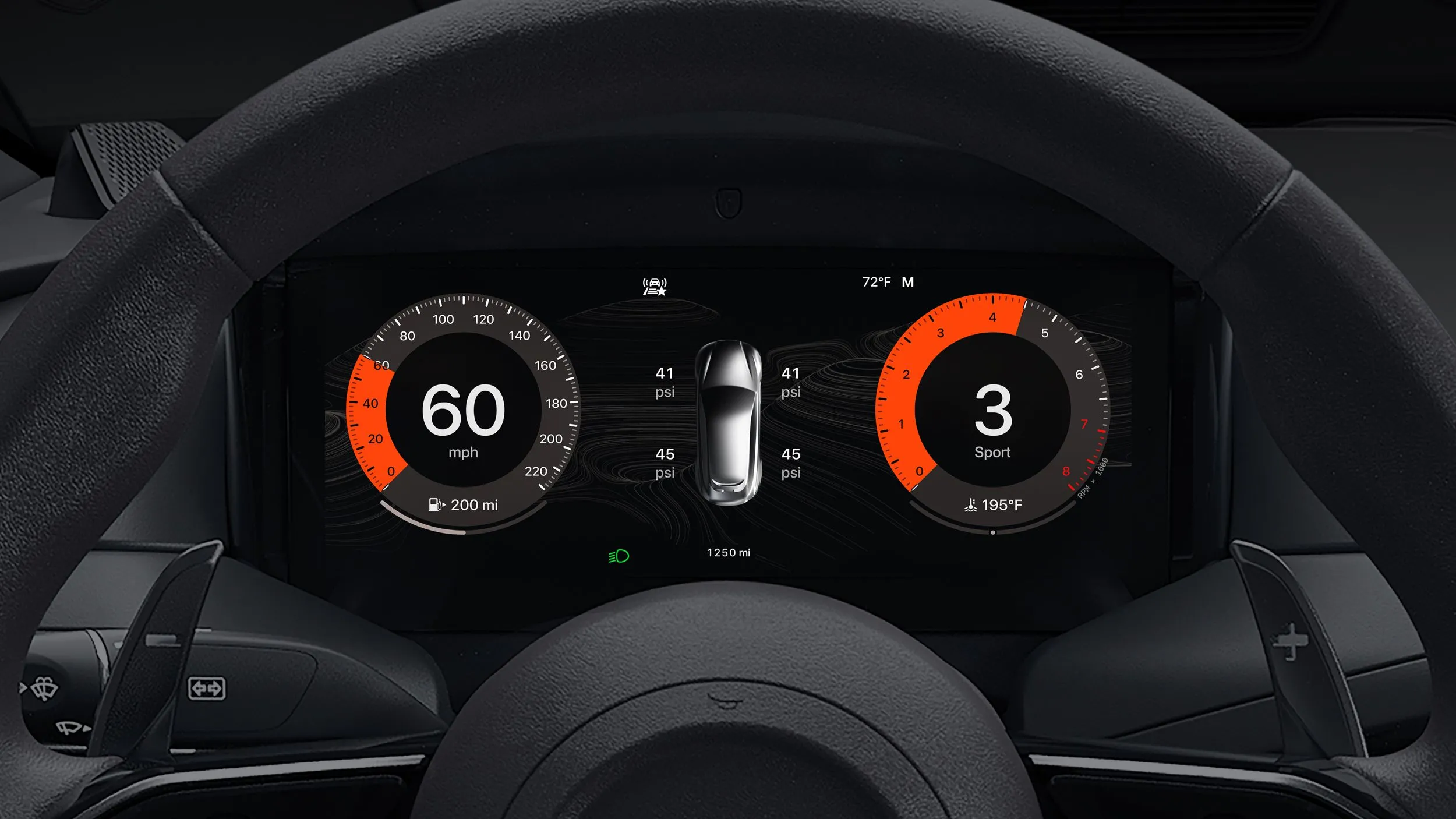 Màn hình cụm đồng hồ kỹ thuật số hiển thị giao diện CarPlay Ultra với các tùy chọn chủ đề độc đáo và thông tin xe trực quan.