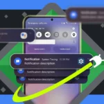 Màn hình điện thoại Android hiển thị nhiều thông báo và giao diện lịch sử thông báo, logo Android ở hậu cảnh.
