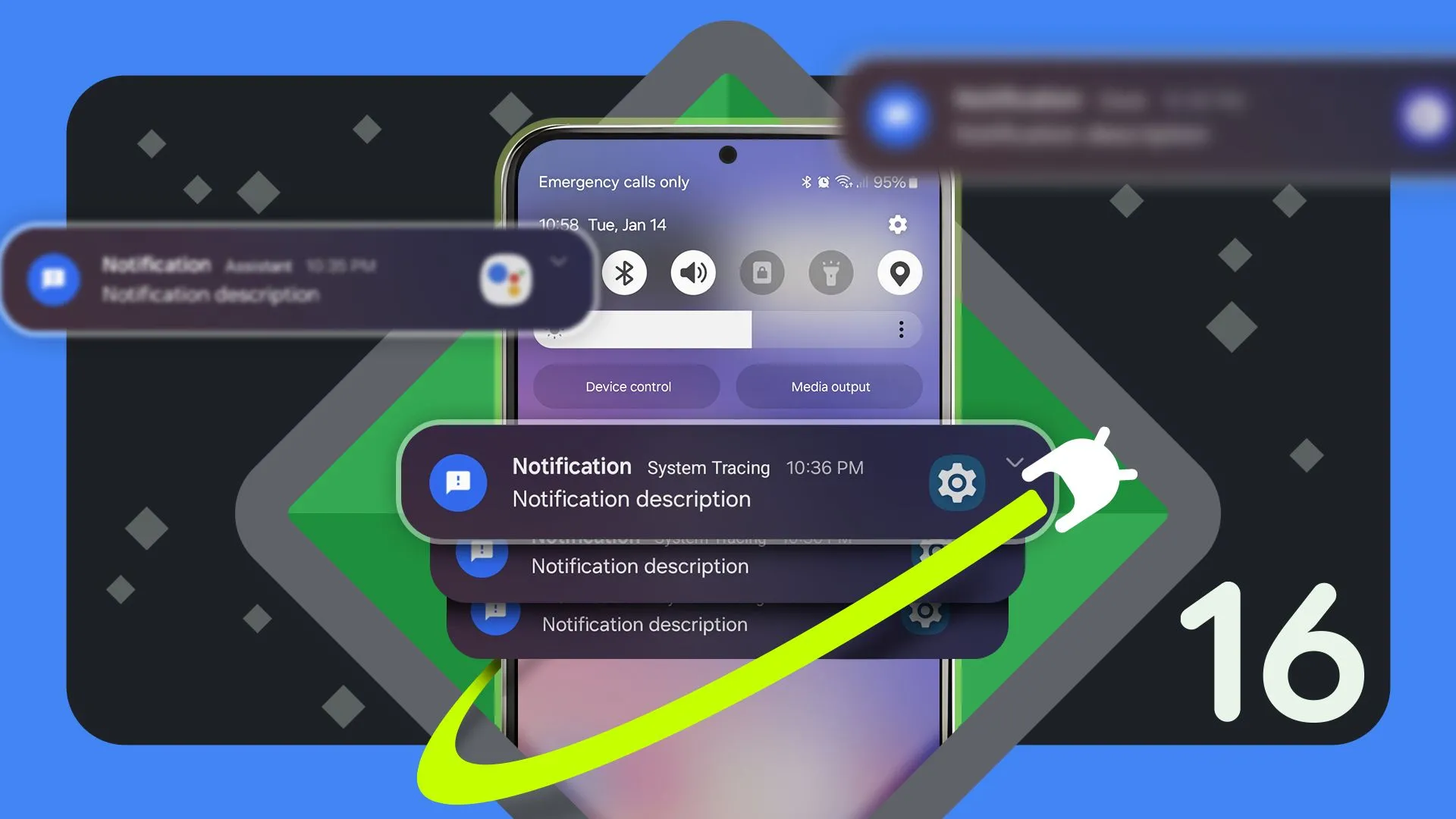 Màn hình điện thoại Android hiển thị nhiều thông báo và giao diện lịch sử thông báo, logo Android ở hậu cảnh.