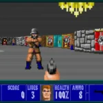 Màn hình game Wolfenstein 3D với đồ họa 2D góc nhìn thứ nhất và kẻ địch lính Đức Quốc xã.
