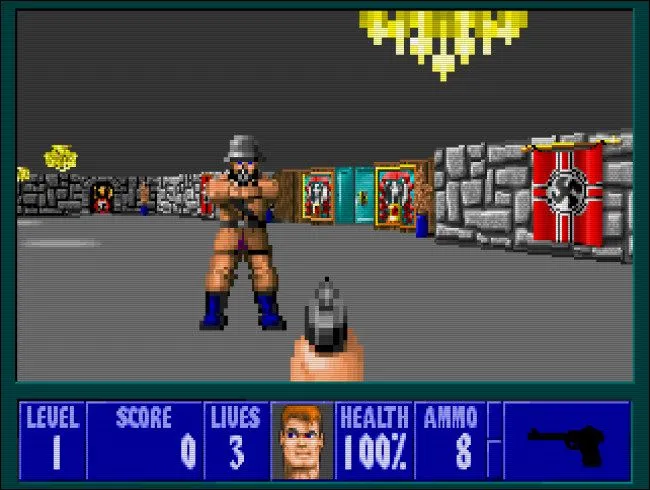 Màn hình game Wolfenstein 3D với đồ họa 2D góc nhìn thứ nhất và kẻ địch lính Đức Quốc xã.