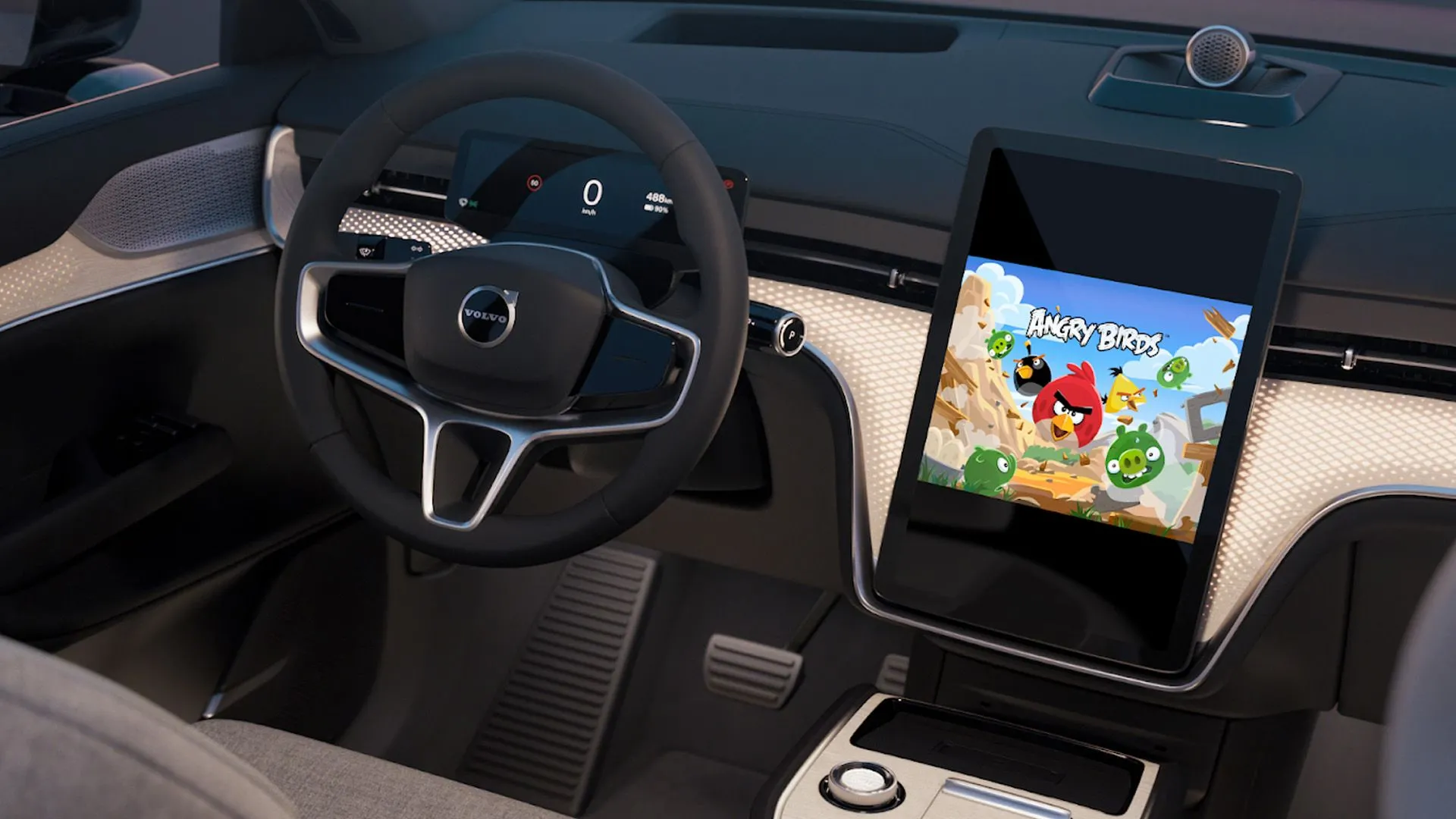 Màn hình giải trí xe ô tô hiển thị game Angry Birds 2 chạy trên nền tảng Android Auto mới nhất.