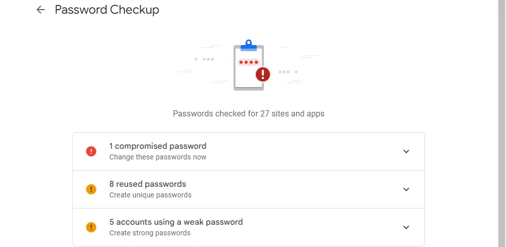 Màn hình hiển thị các mật khẩu bị lộ hoặc yếu trong tài khoản Google
