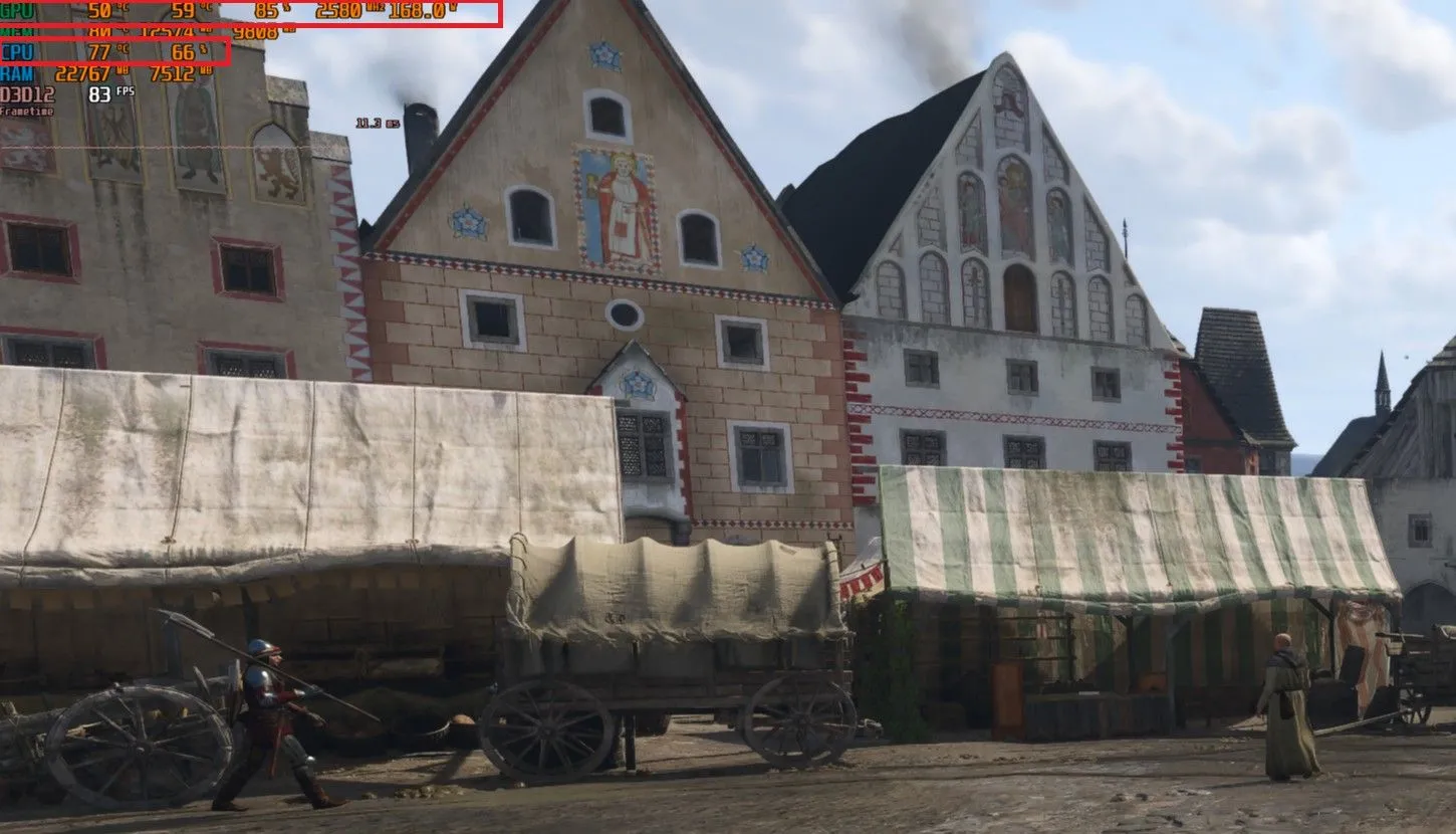 Màn hình hiển thị chỉ số hiệu suất trong Kingdom Come Deliverance II trước khi nâng cấp CPU, cho thấy GPU utilization thấp và CPU hoạt động nặng.