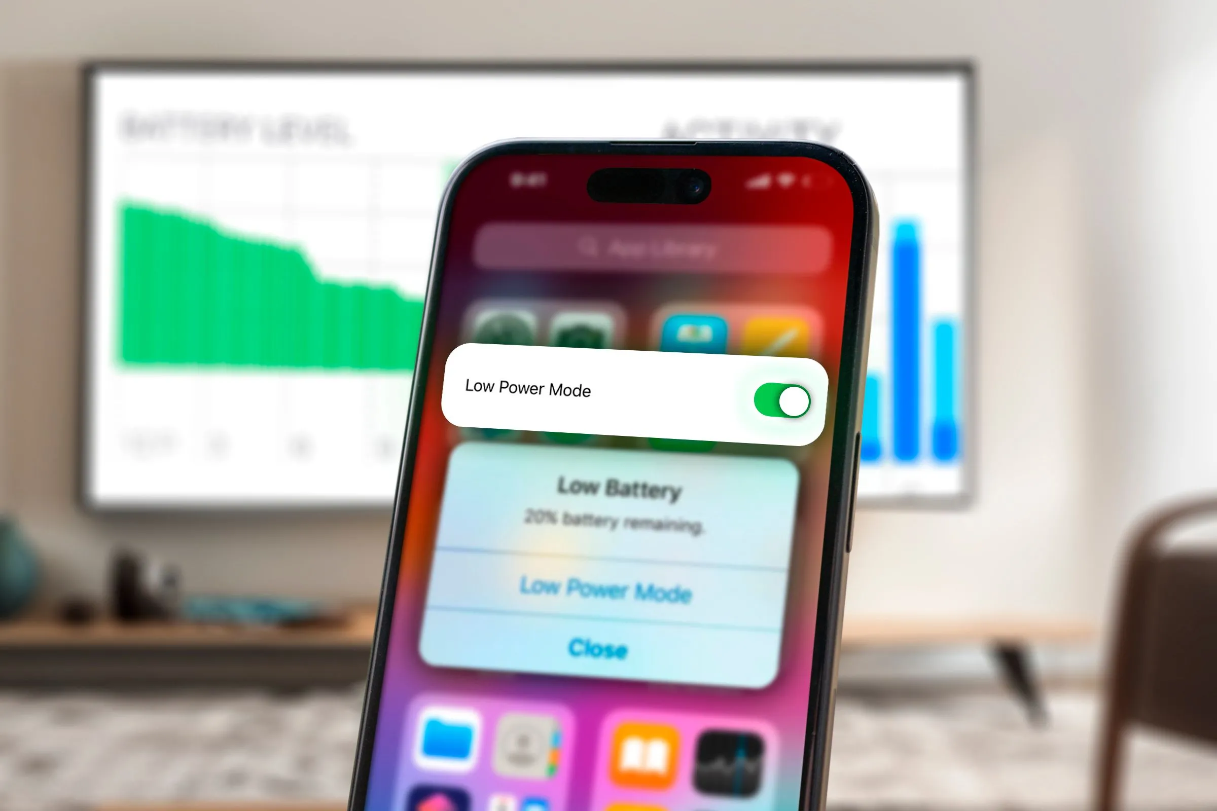 Màn hình iPhone hiển thị cảnh báo pin yếu và bật chế độ tiết kiệm pin, biểu thị thời lượng sử dụng còn lại