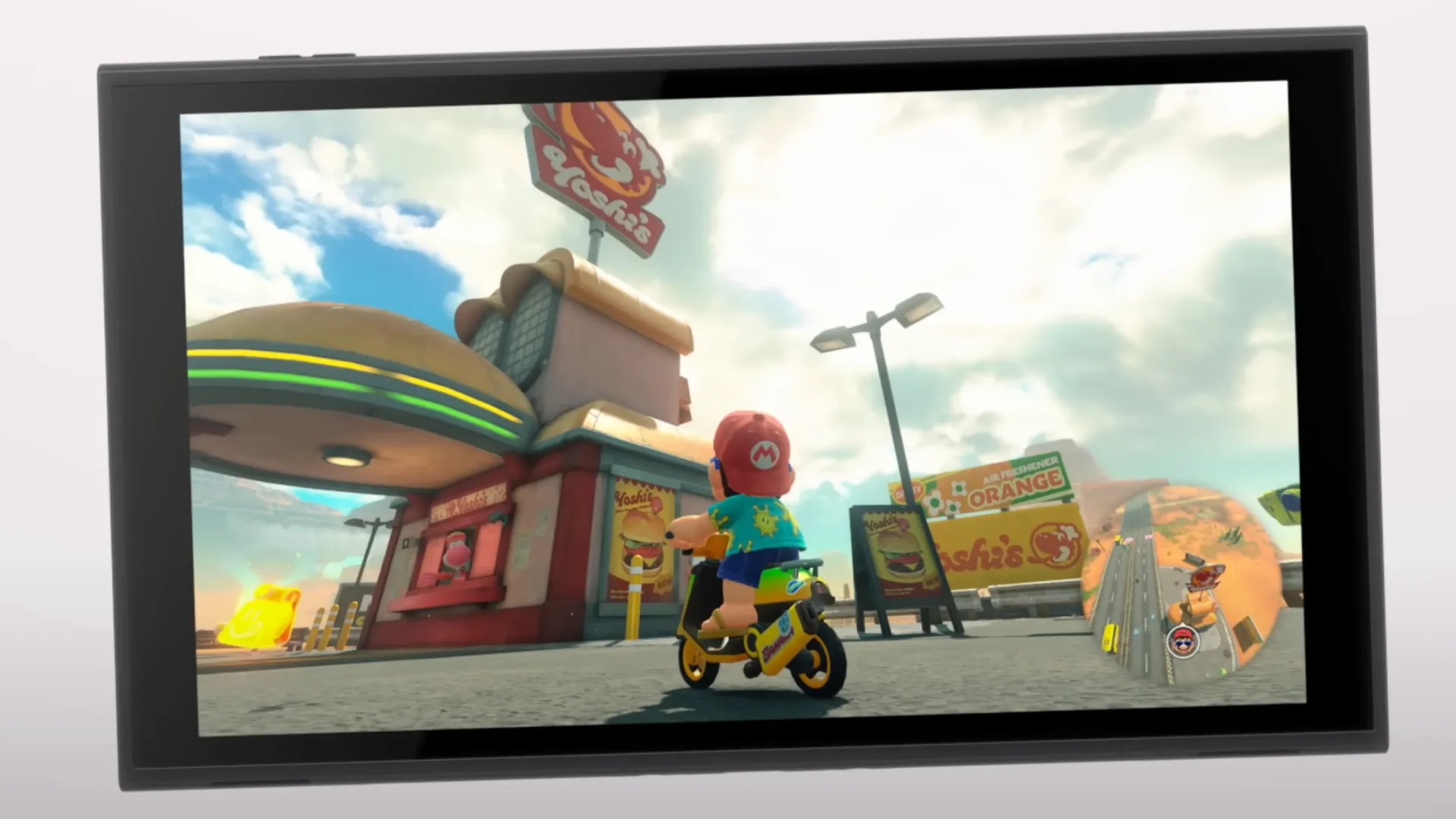 Màn hình Nintendo Switch 2 hiển thị game Mario Odyssey với Mario cưỡi scooter.