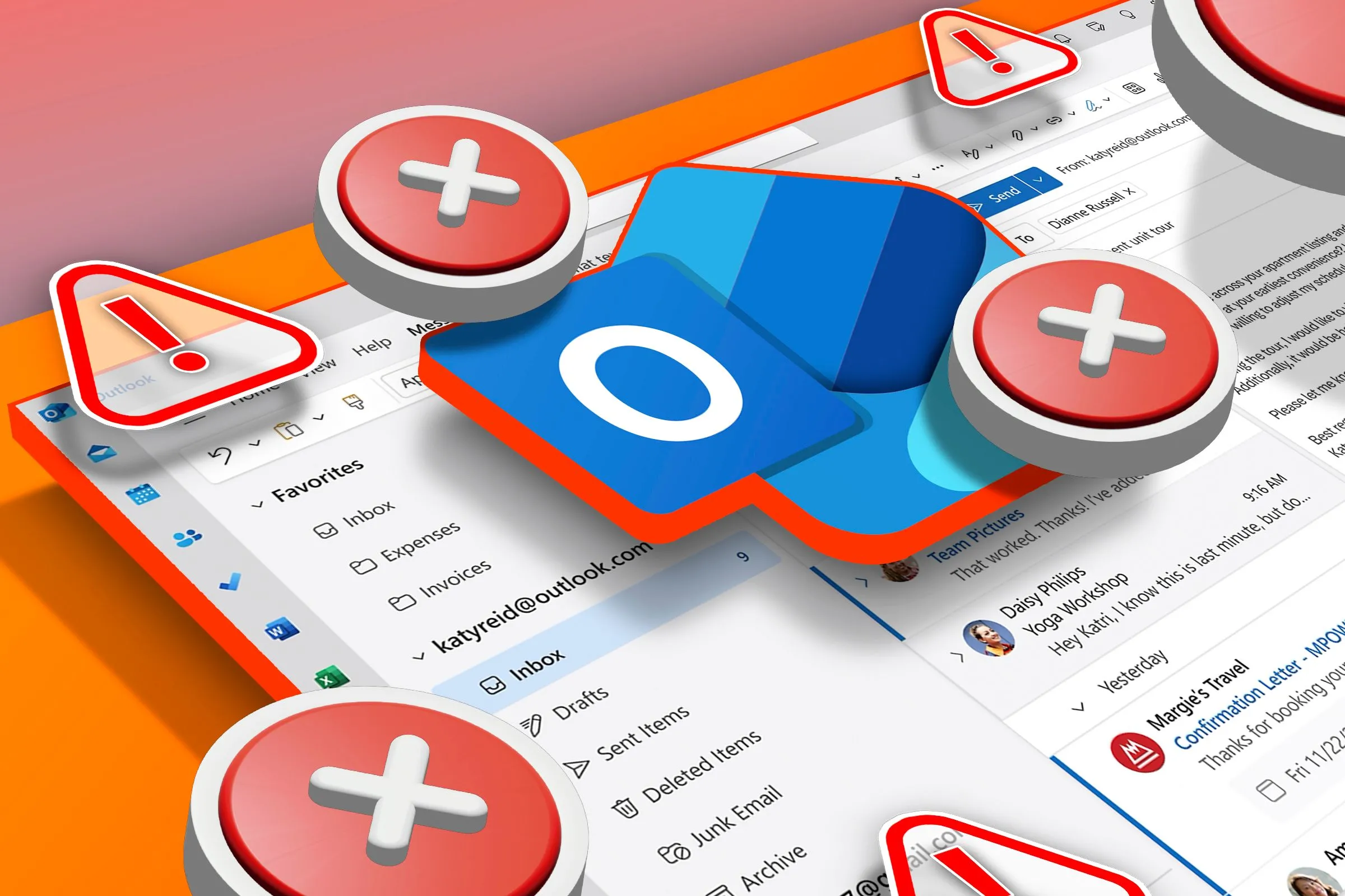 Màn hình Outlook Inbox với logo mới và các biểu tượng cảnh báo