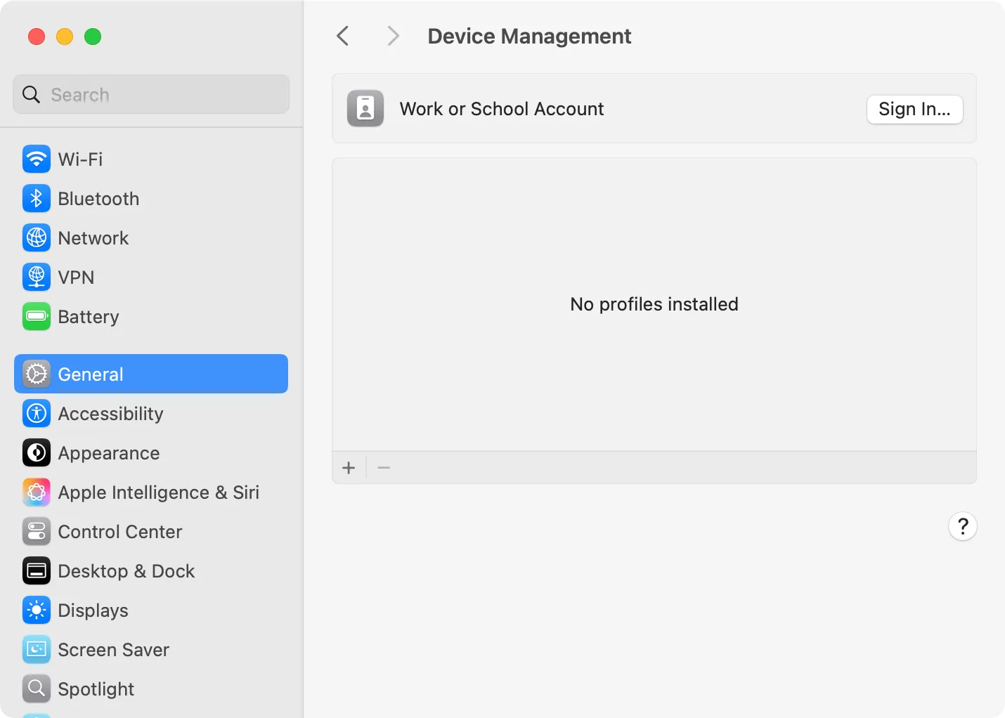 Màn hình Quản lý Thiết bị trong cài đặt macOS, hiển thị không có hồ sơ MDM nào được cài đặt.
