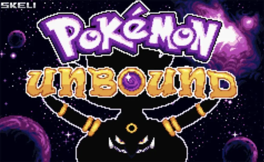 Màn hình tiêu đề ROM hack Pokémon Unbound với logo game và các Pokémon trong một thế giới mới