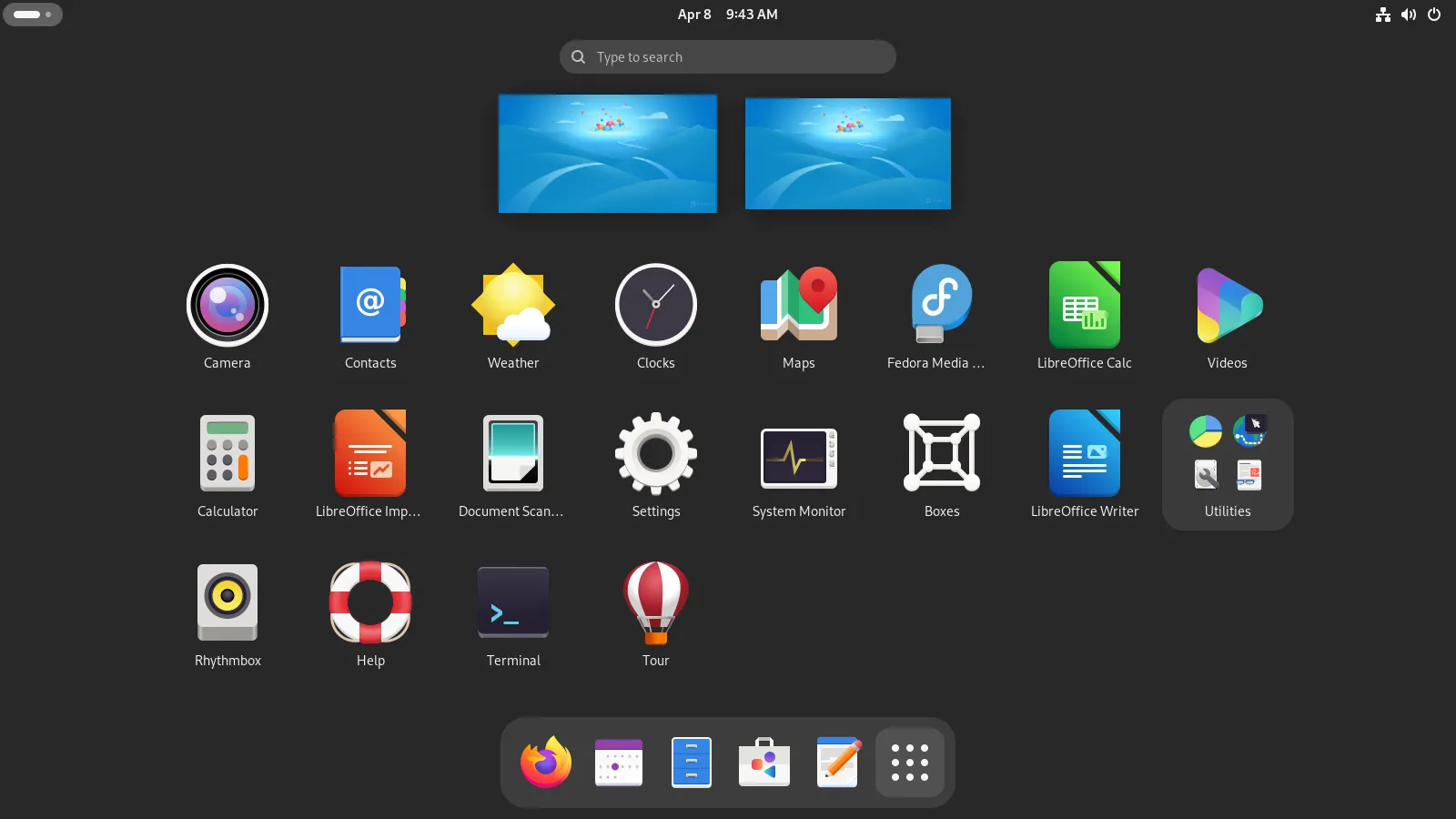 Màn hình tổng quan ứng dụng trên GNOME Fedora, minh họa khả năng tùy biến