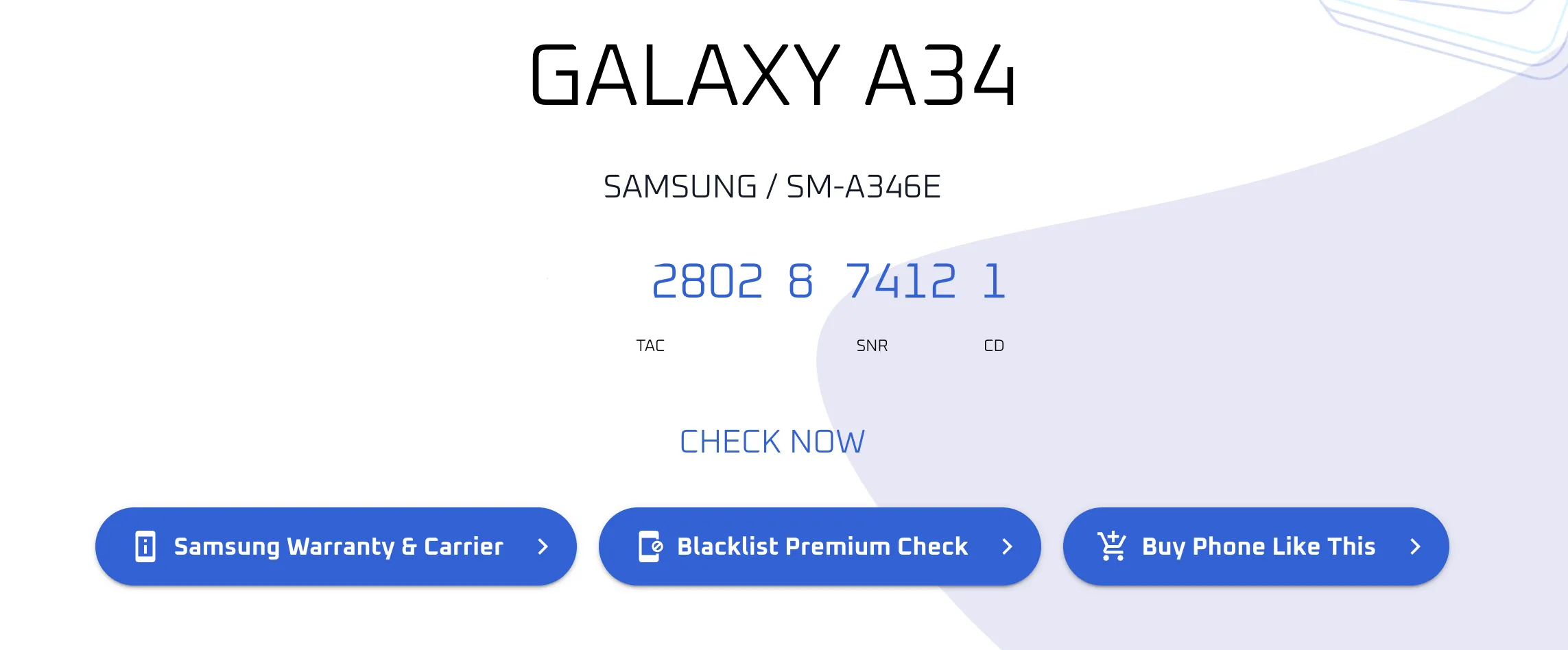 Màn hình trang web kiểm tra IMEI hiển thị thông tin số IMEI của điện thoại.