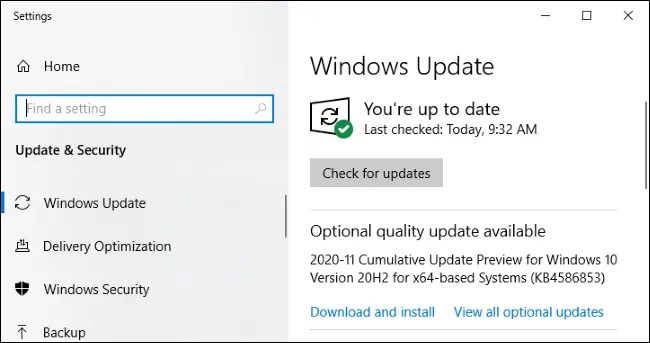 Màn hình Windows Update hiển thị các bản cập nhật hệ thống