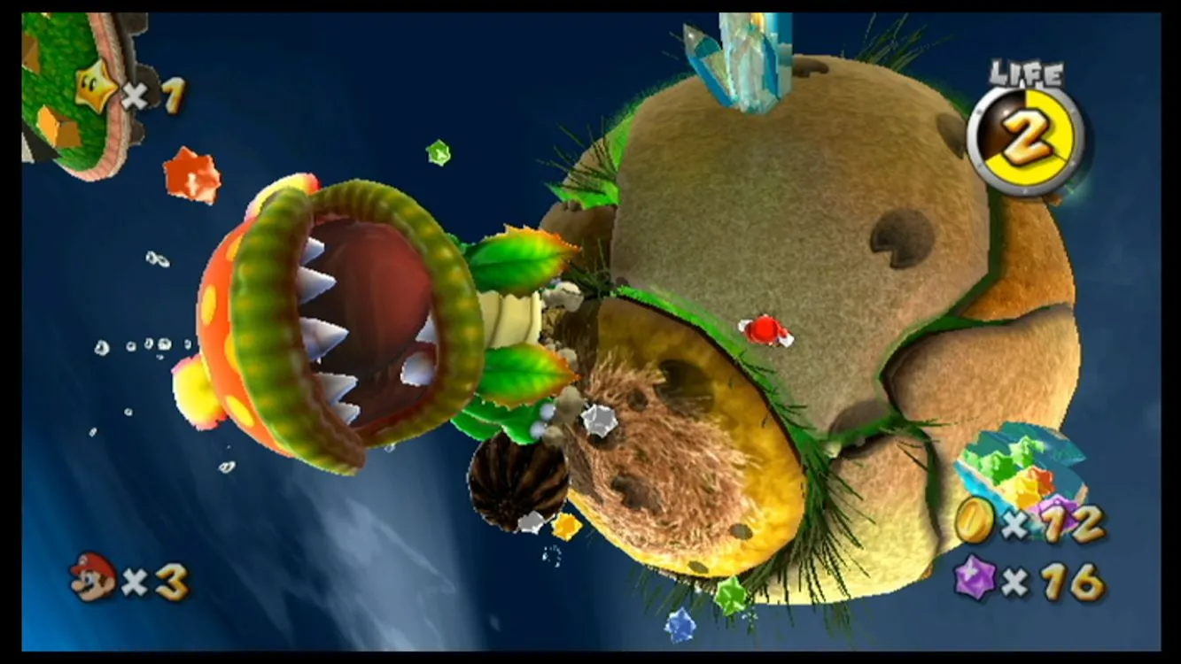 Mario khám phá các hành tinh độc đáo trong Super Mario Galaxy, kiệt tác vượt trọng lực trên Nintendo Wii.