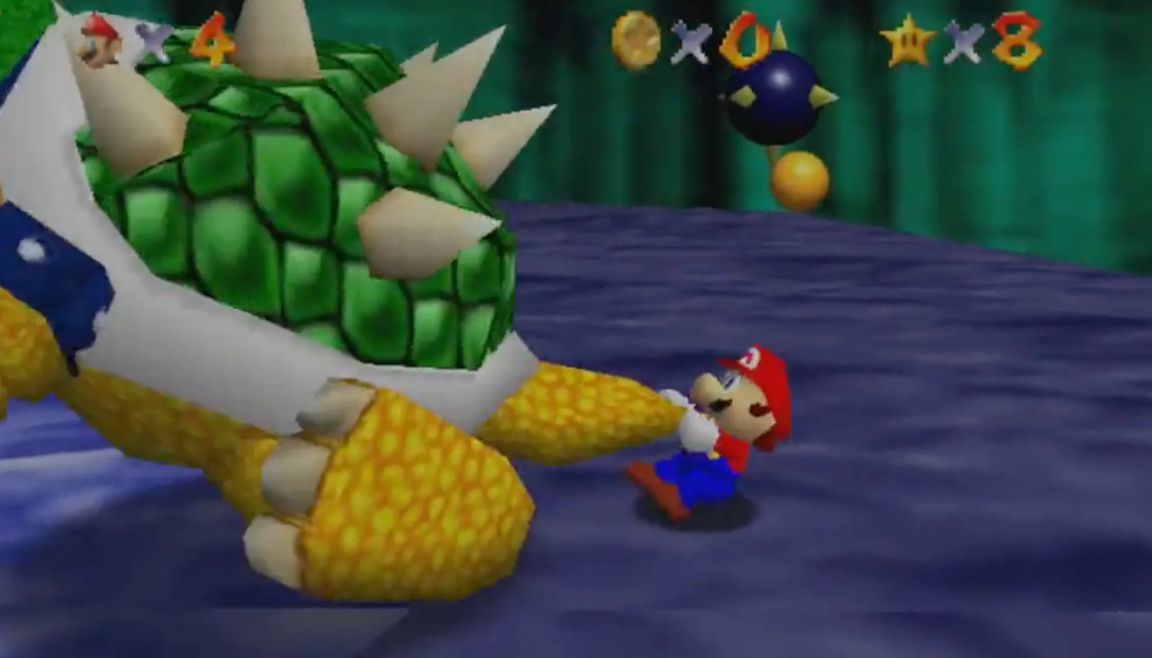 Mario sử dụng chiêu thức xoay Bowser đặc trưng trong Super Mario 64, tựa game tiên phong trên hệ máy N64.