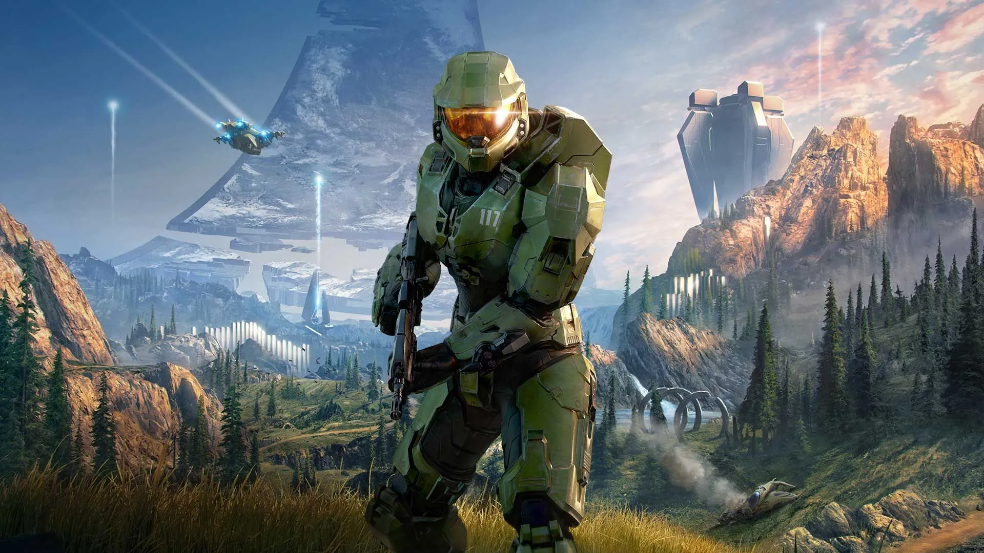 Master Chief trong bối cảnh rừng núi xanh mướt, tượng trưng cho game độc quyền Halo của Xbox.